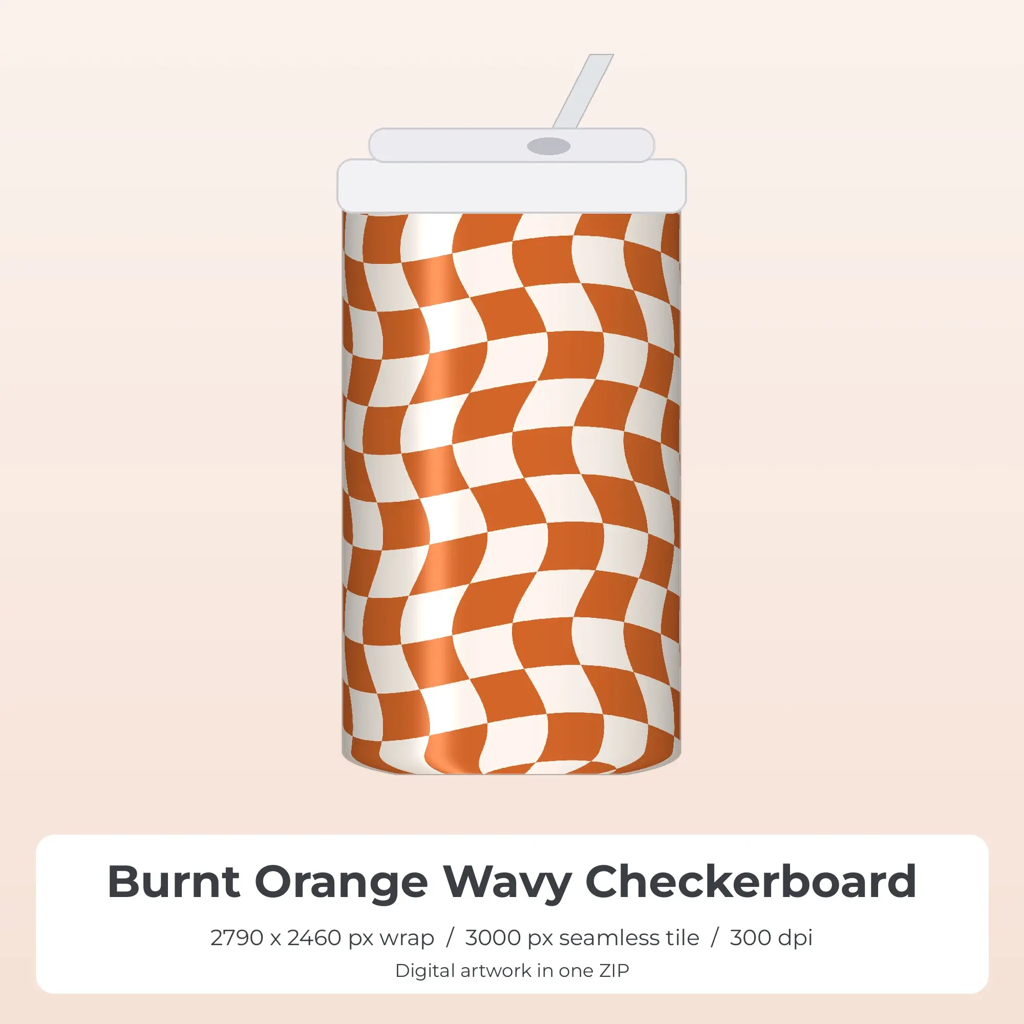 Burnt Orange Wavy Checkerboard Tumbler Wrap PNG, 20oz Sublimation, preview 1 of 2