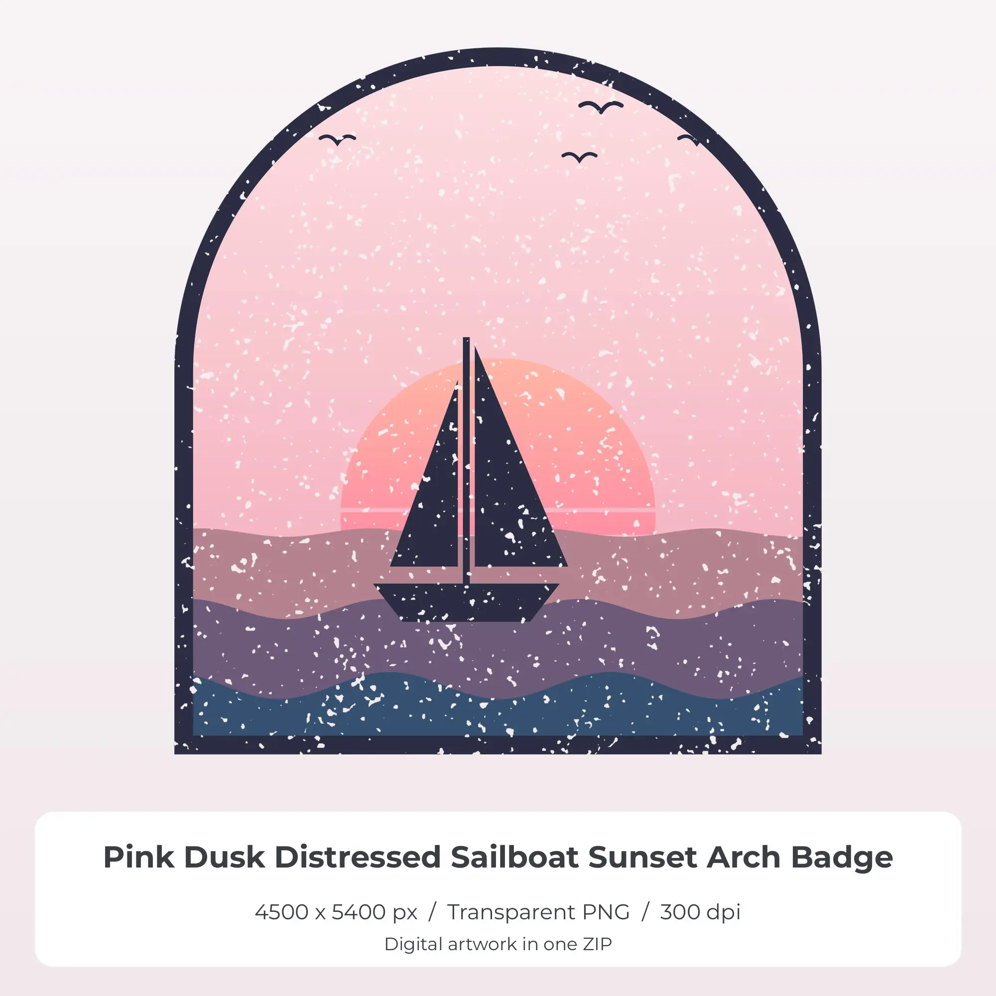 Pink Dusk Distressed Sailboat Sunset Arch Badge Sublimation PNG preview
