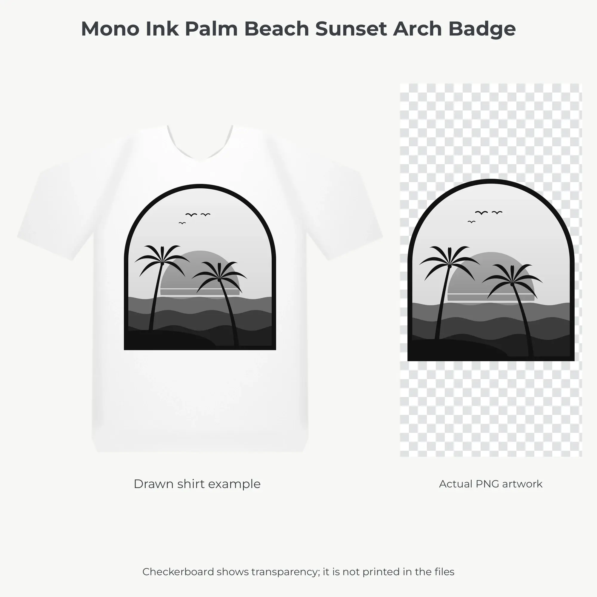 Mono Ink Palm Beach Sunset Arch Badge Sublimation PNG for Shirts, preview 2 of 2