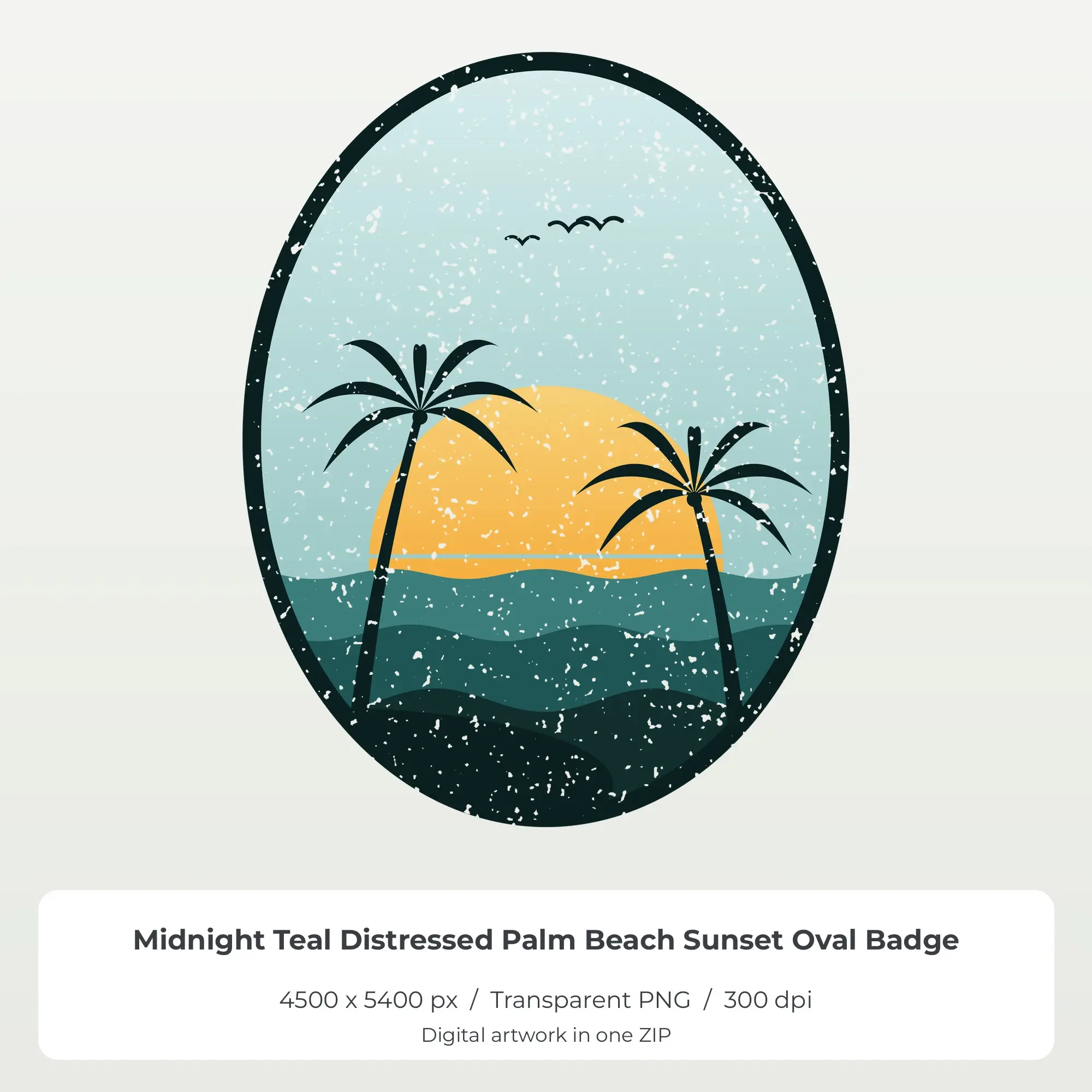 Midnight Teal Distressed Palm Beach Sunset Oval Badge Sublimation PNG preview
