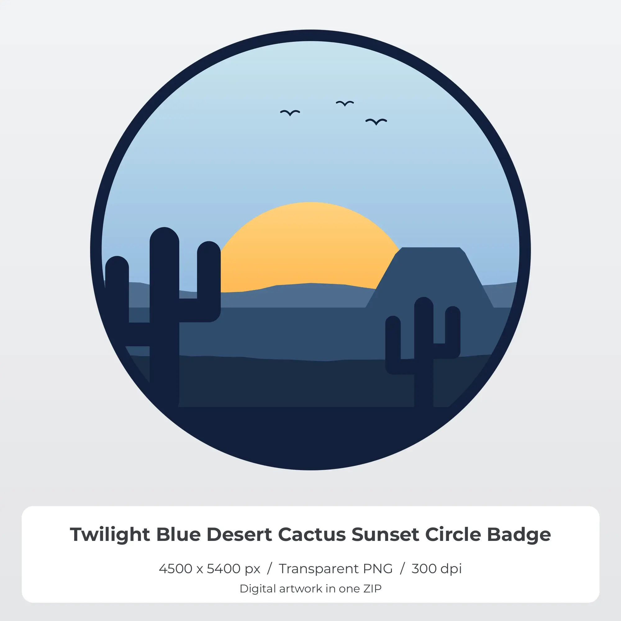 Twilight Blue Desert Cactus Sunset Circle Badge Sublimation PNG preview