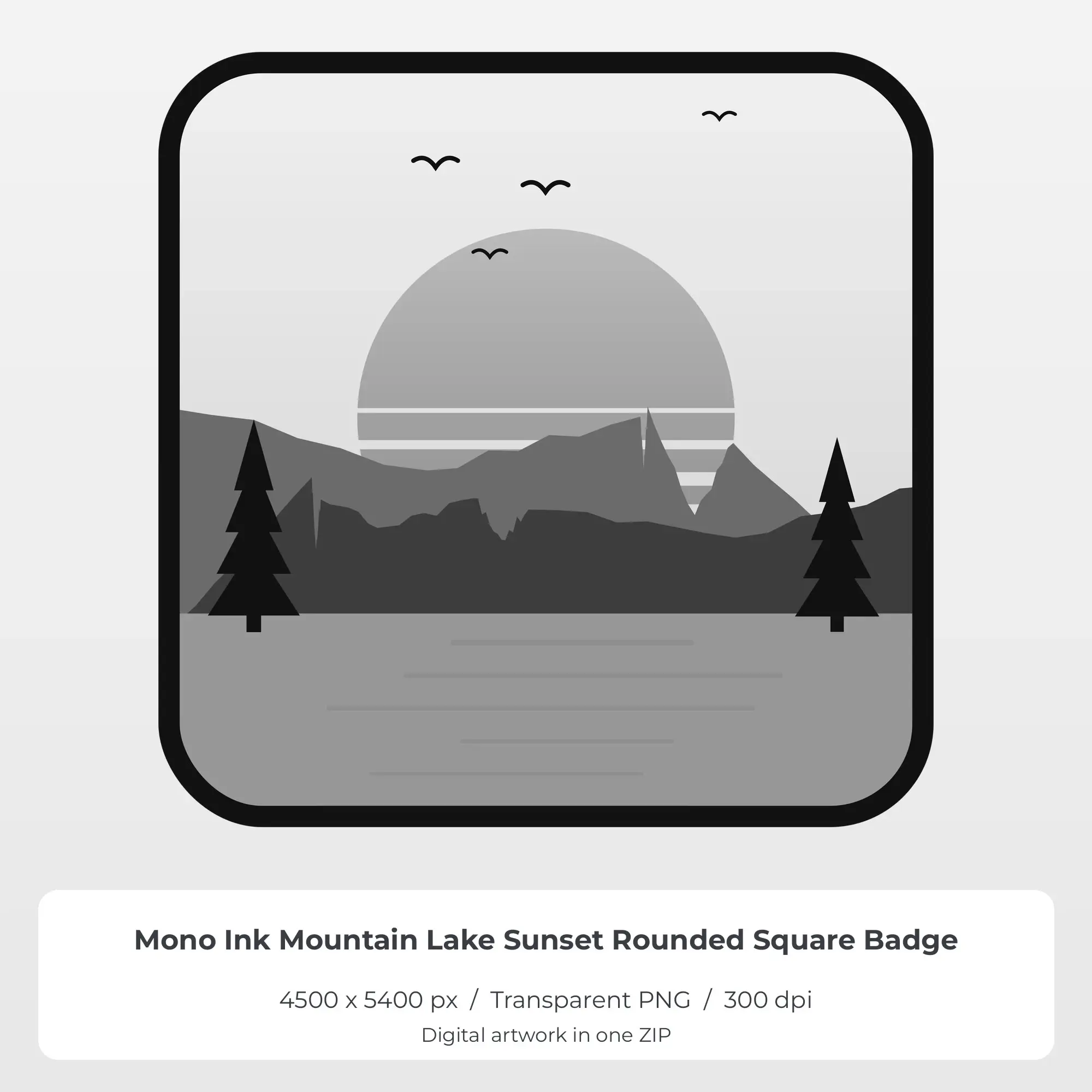 Mono Ink Mountain Lake Sunset Rounded Square Badge Sublimation PNG preview