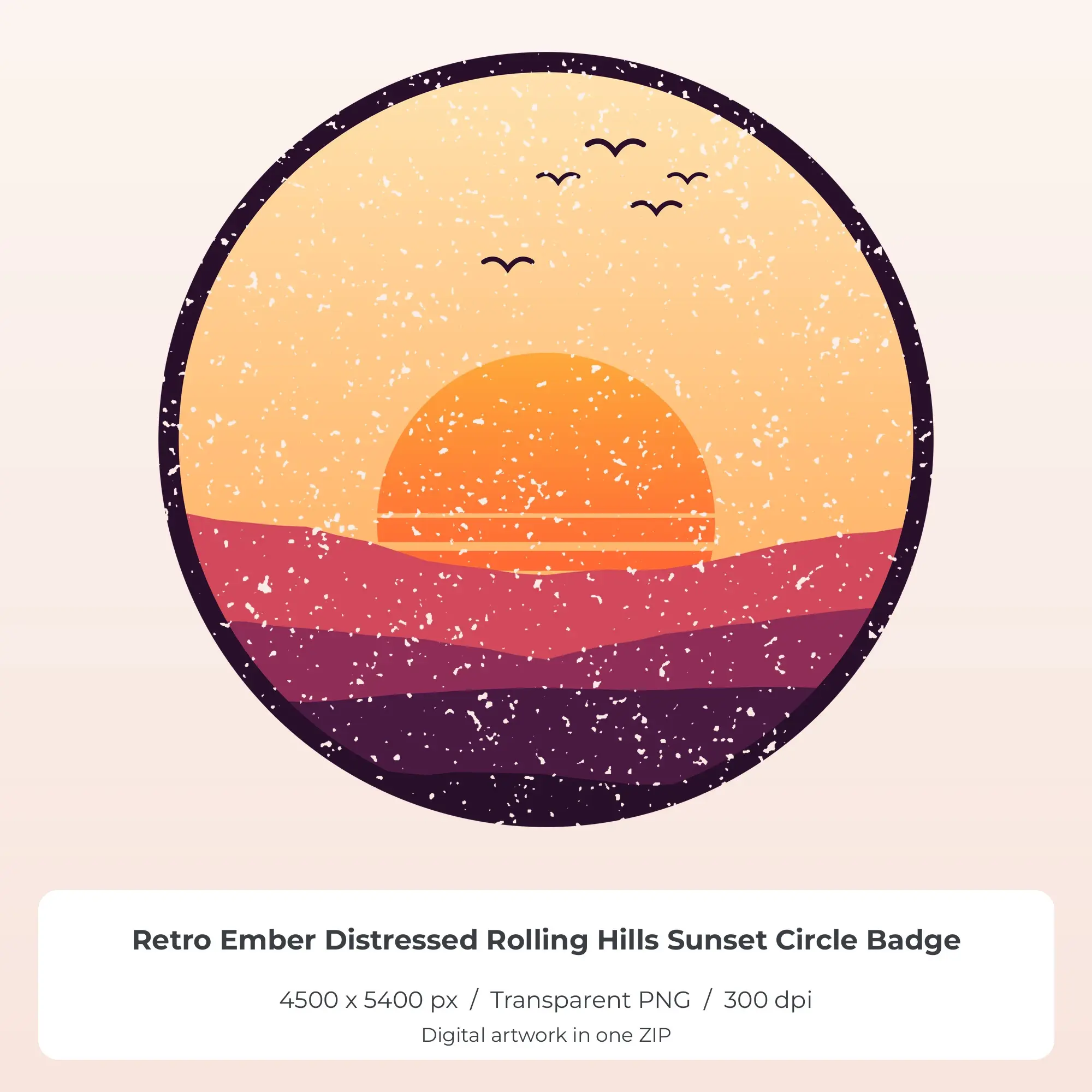 Retro Ember Distressed Rolling Hills Sunset Circle Sublimation PNG, preview 1 of 2