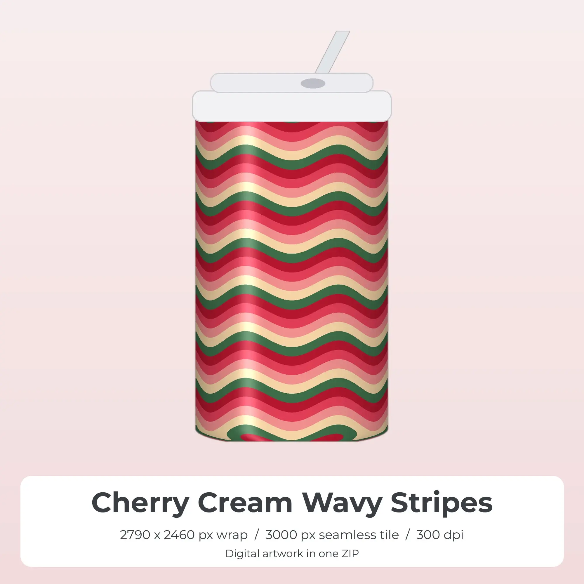 Cherry Cream Wavy Stripes Tumbler Wrap PNG, 20oz Sublimation preview