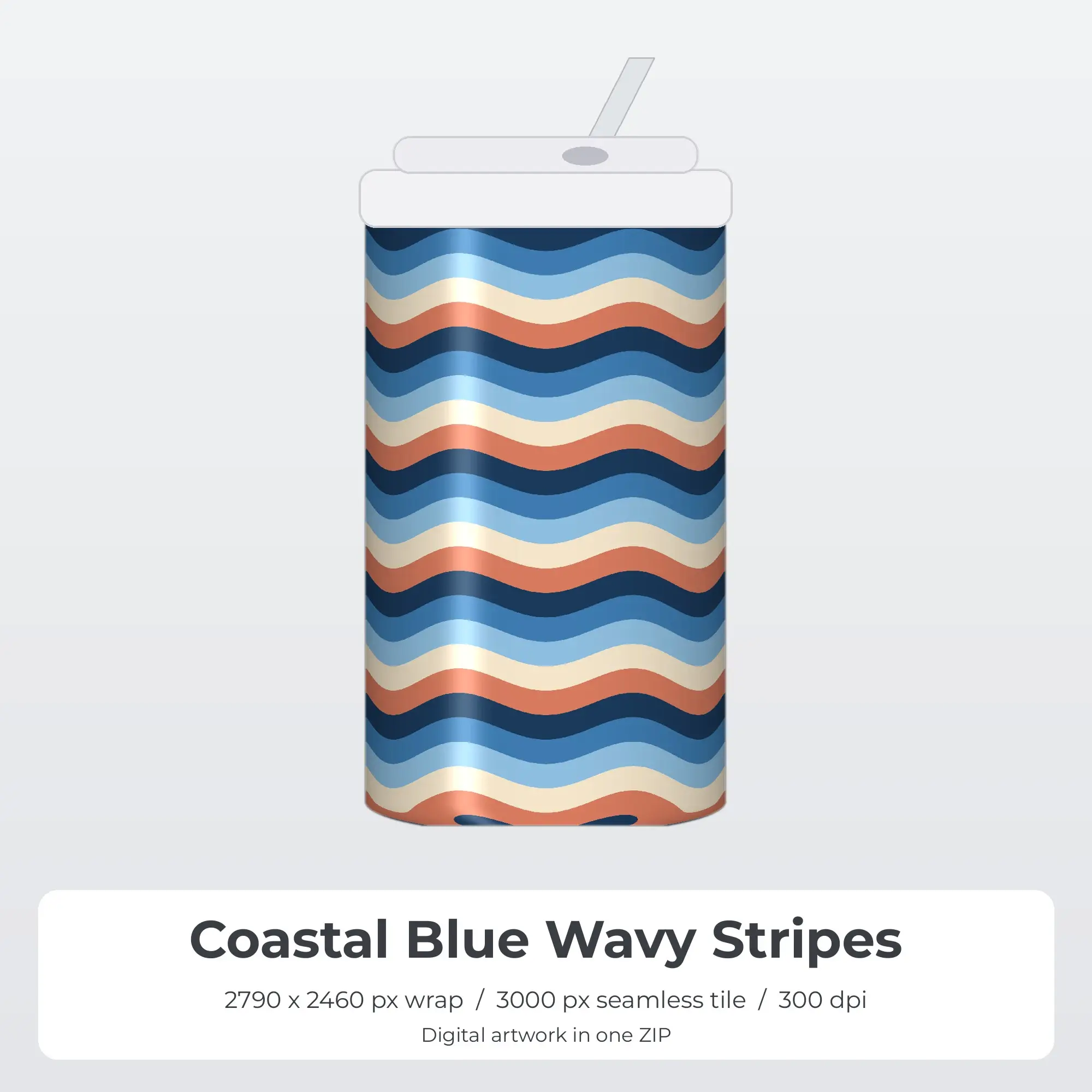 Coastal Blue Wavy Stripes Tumbler Wrap PNG, 20oz Sublimation preview