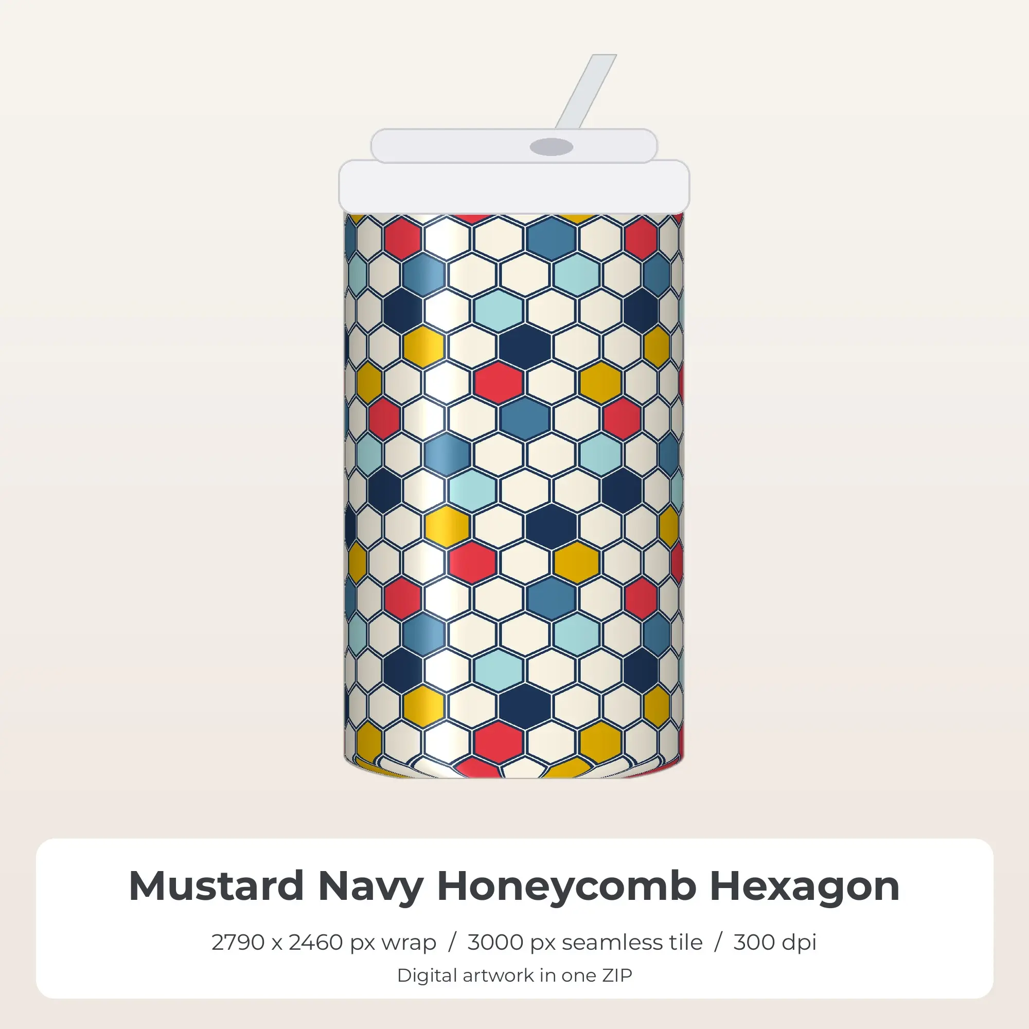 Mustard Navy Honeycomb Hexagon Tumbler Wrap PNG, 20oz Sublimation preview