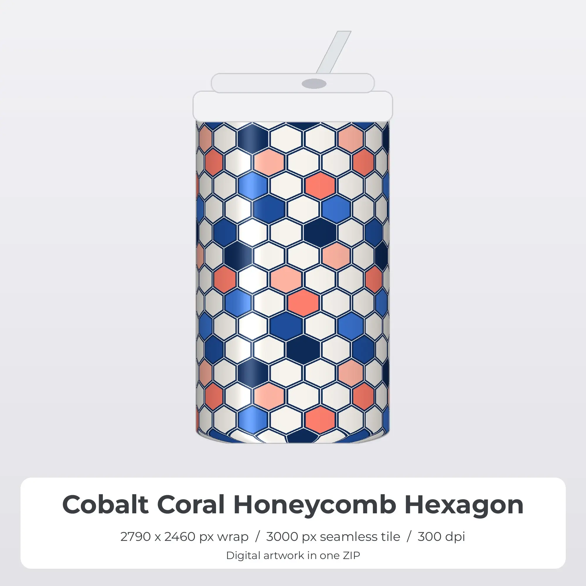 Cobalt Coral Honeycomb Hexagon Tumbler Wrap PNG, 20oz Sublimation preview