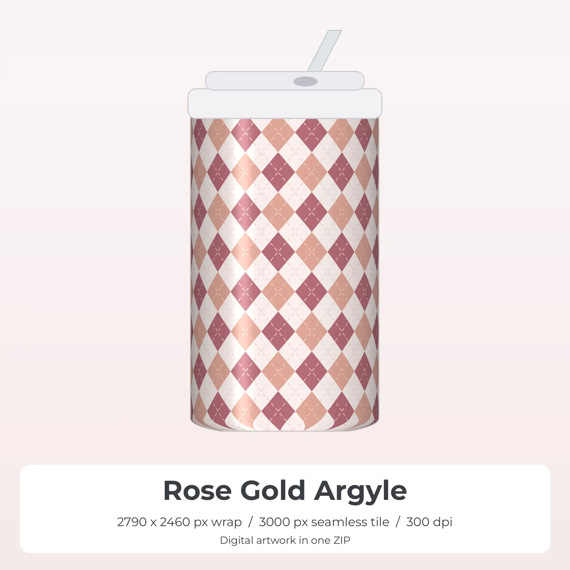 Rose Gold Argyle Tumbler Wrap PNG, 20oz Sublimation preview