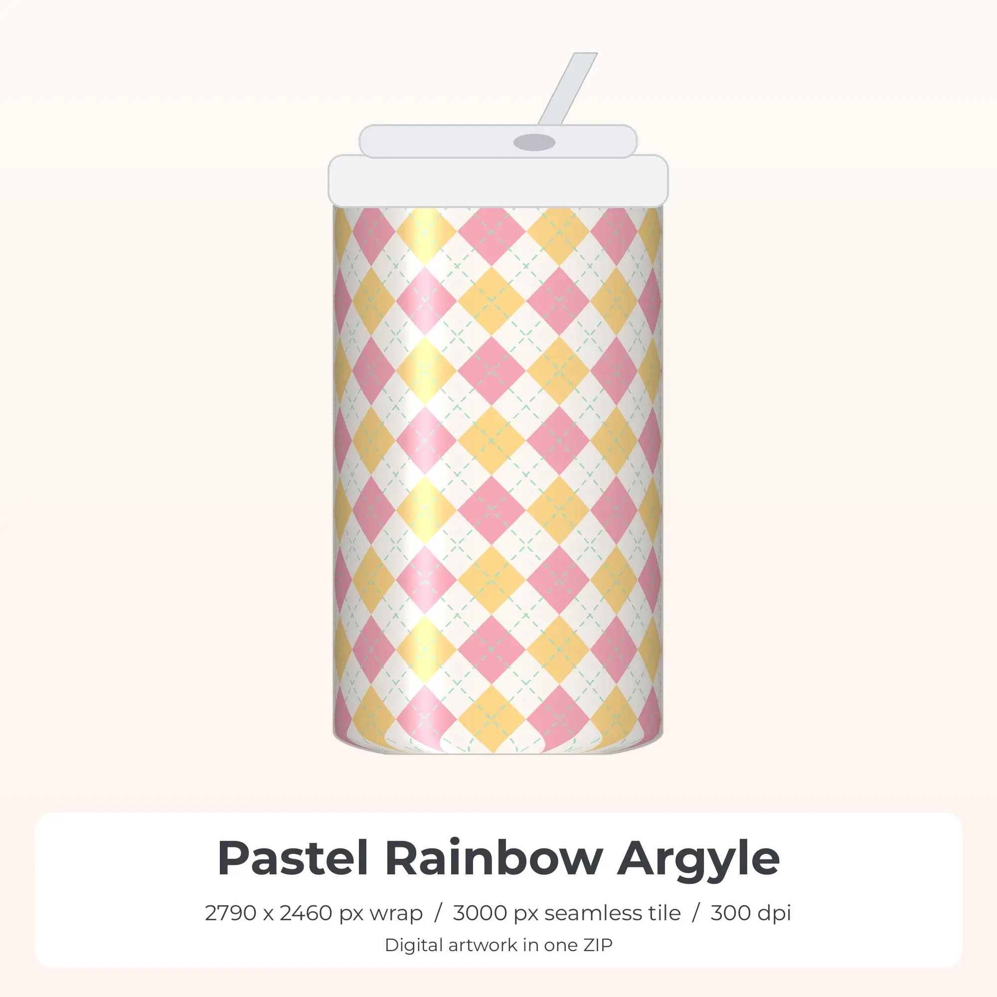 Pastel Rainbow Argyle Tumbler Wrap PNG, 20oz Sublimation preview