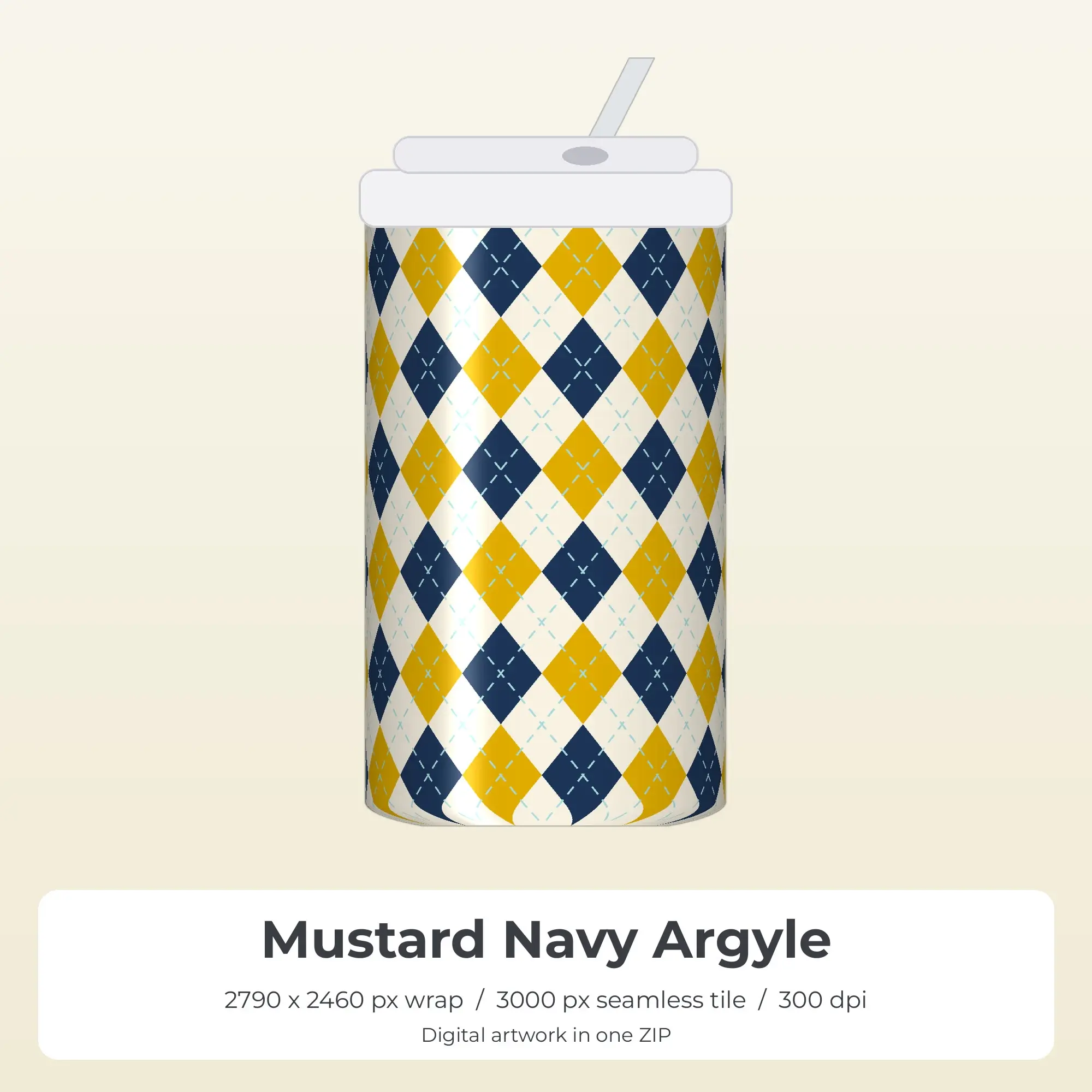 Mustard Navy Argyle Tumbler Wrap PNG, 20oz Sublimation preview