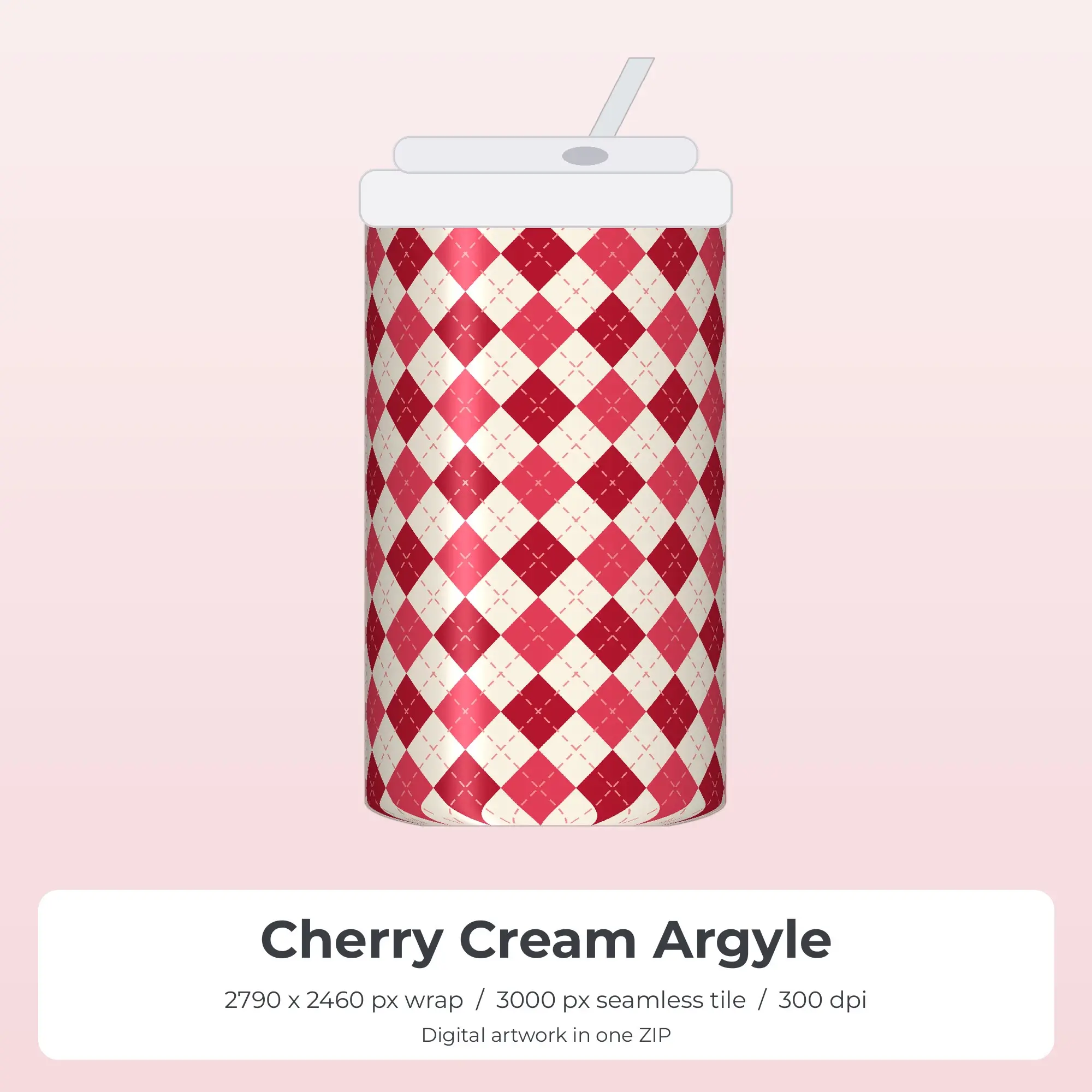 Cherry Cream Argyle Tumbler Wrap PNG, 20oz Sublimation preview