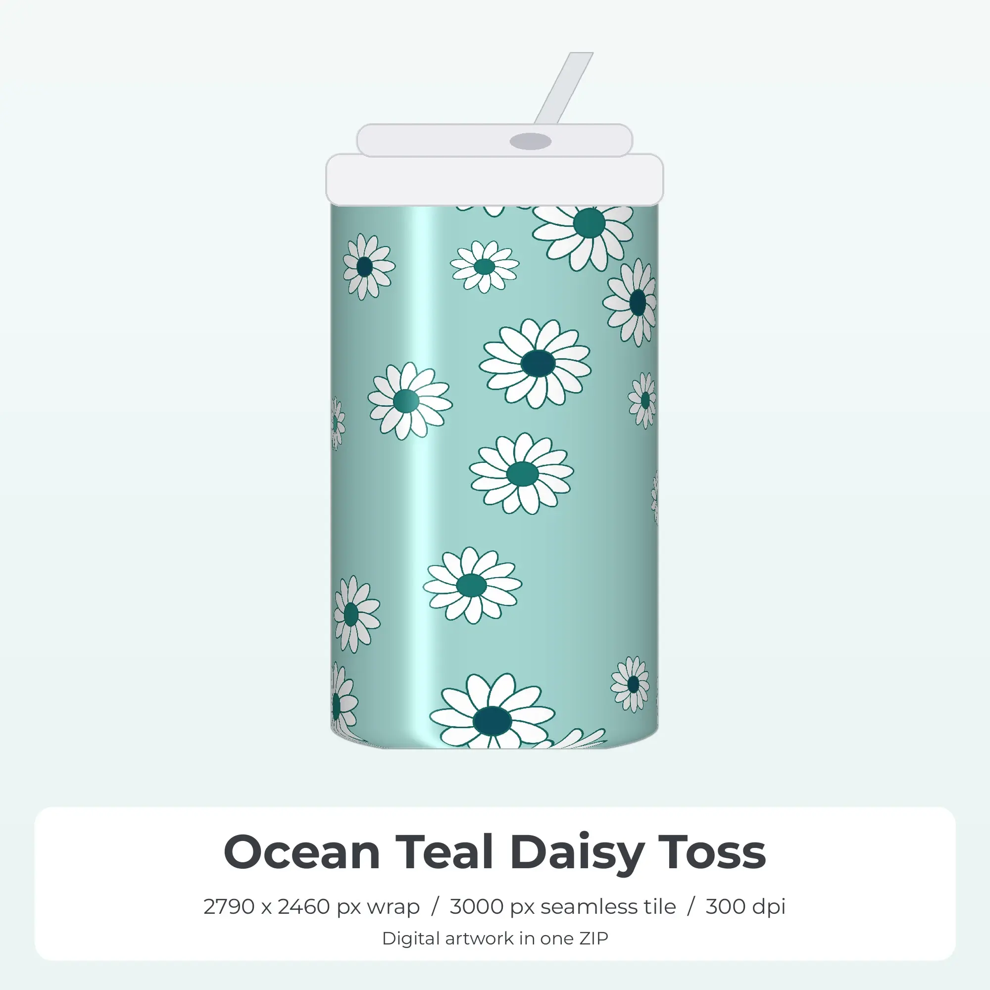 Ocean Teal Daisy Toss Tumbler Wrap PNG, 20oz Sublimation preview