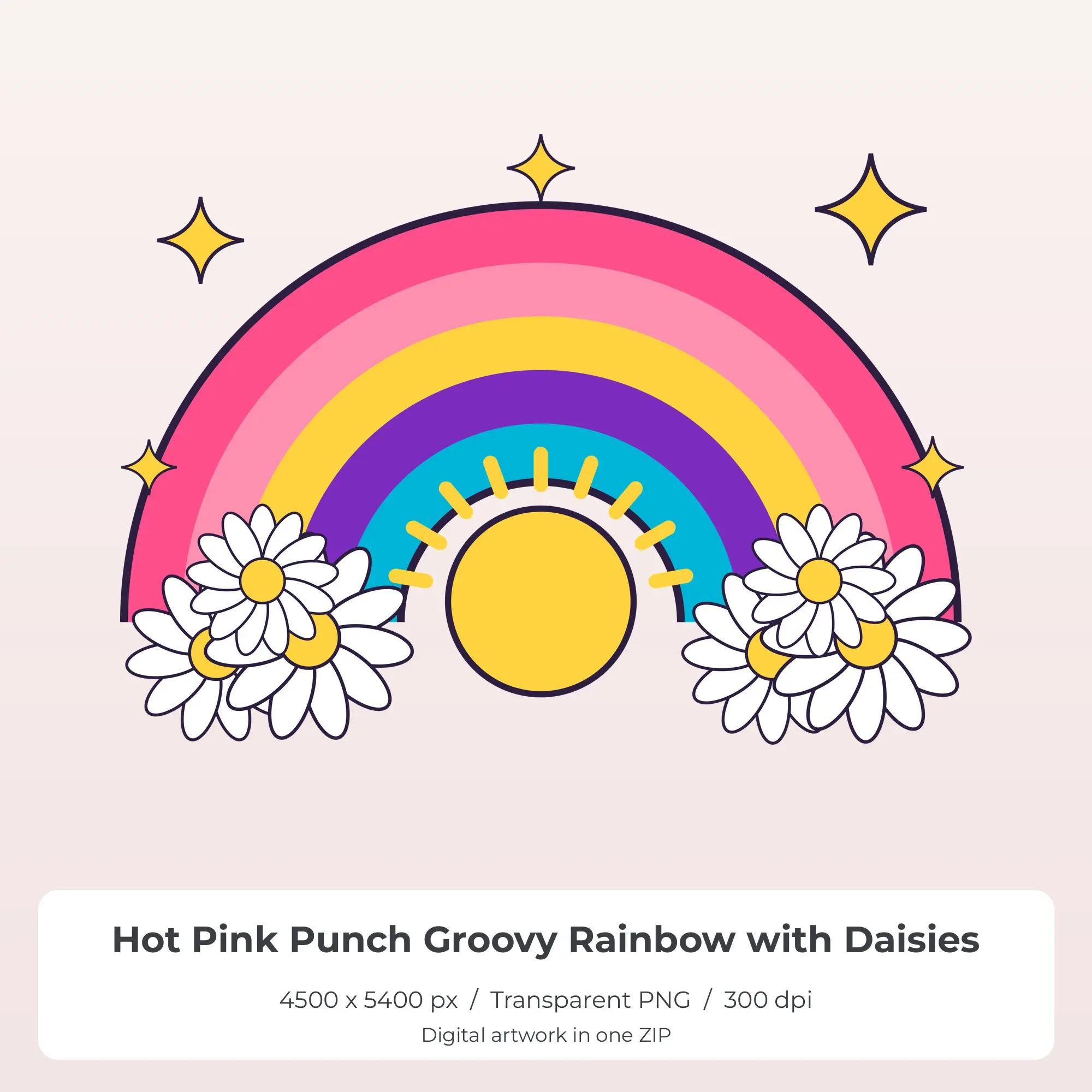 Hot Pink Punch Groovy Rainbow with Daisies Sublimation PNG for Shirts, preview 1 of 2