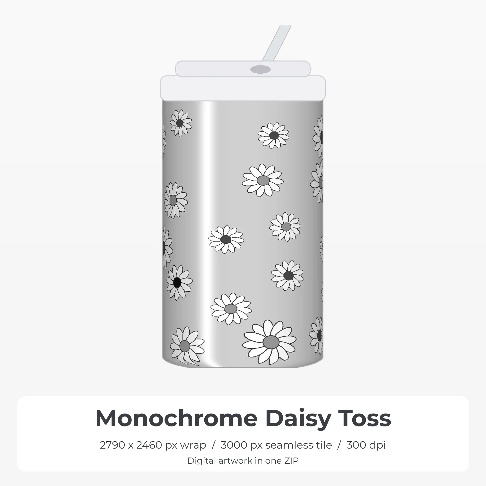 Monochrome Daisy Toss Tumbler Wrap PNG, 20oz Sublimation preview