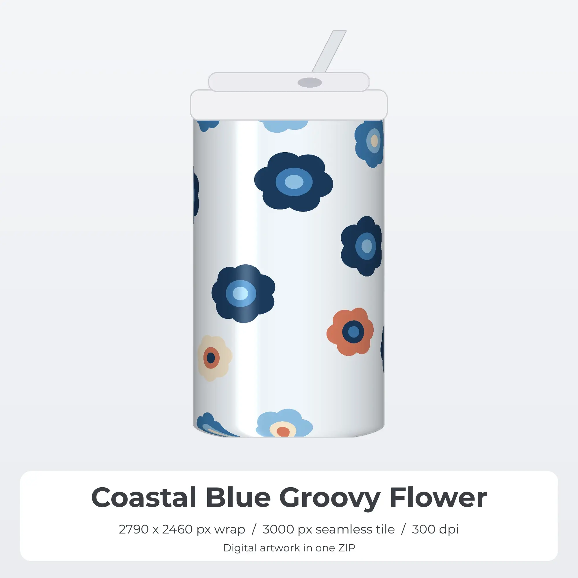 Coastal Blue Groovy Flower Tumbler Wrap PNG, 20oz Sublimation preview