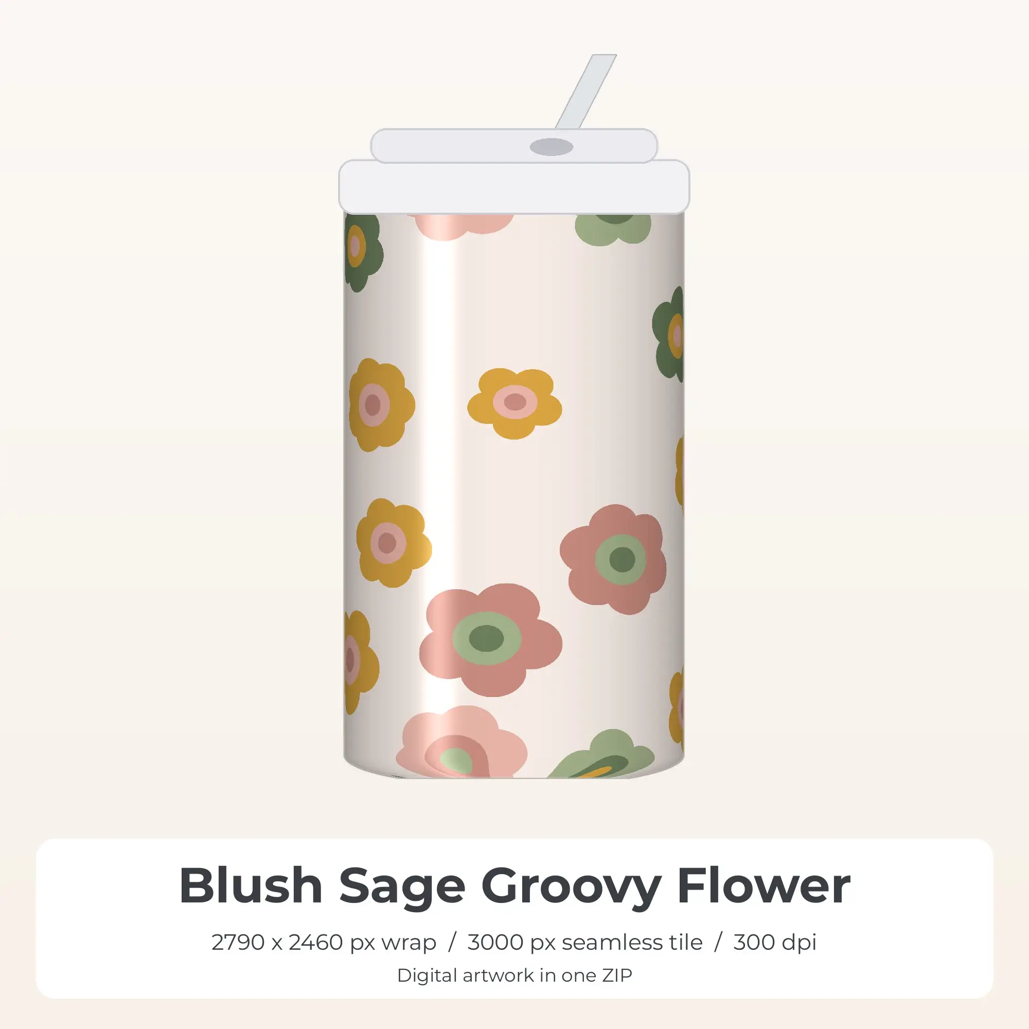 Blush Sage Groovy Flower Tumbler Wrap PNG, 20oz Sublimation preview