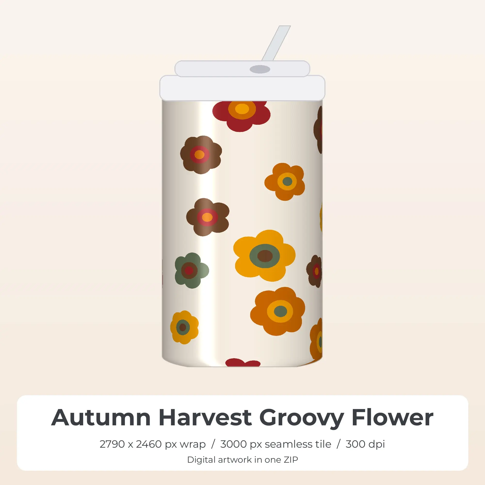 Autumn Harvest Groovy Flower Tumbler Wrap PNG, 20oz Sublimation preview