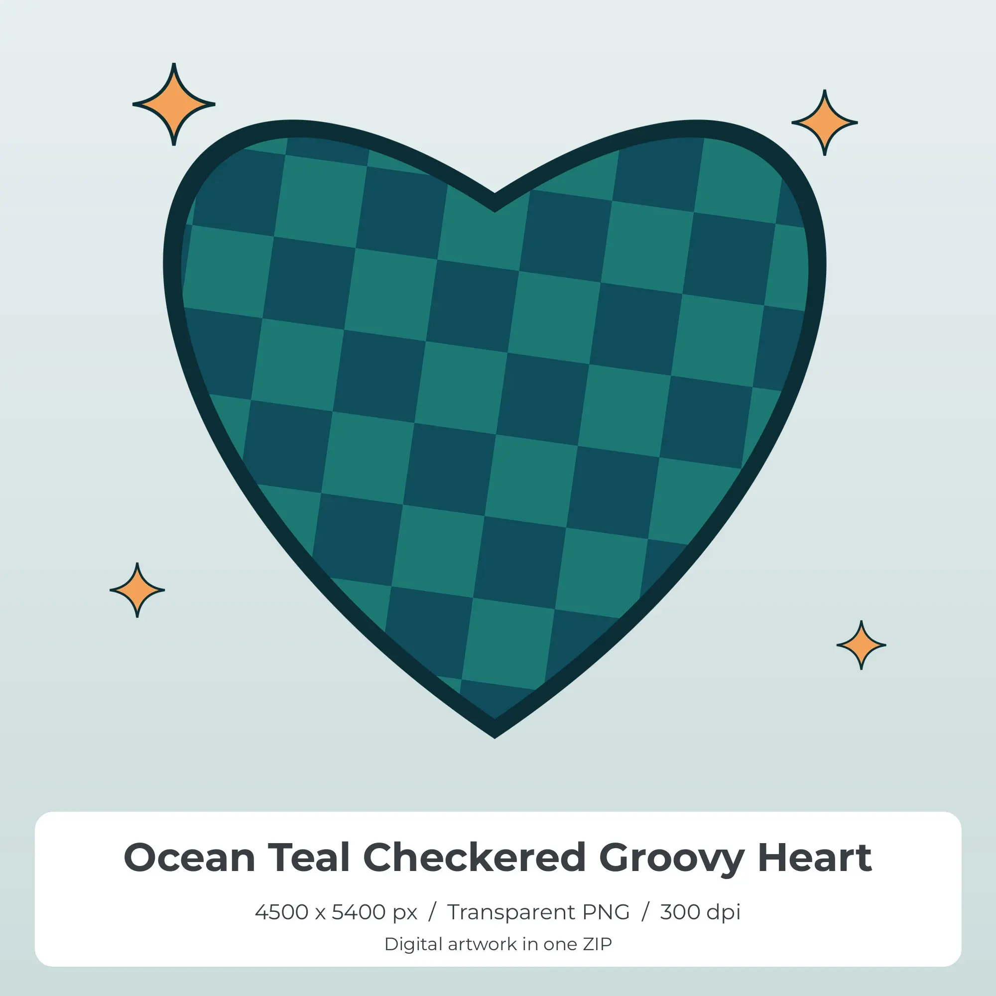 Ocean Teal Checkered Groovy Heart Sublimation PNG for Shirts preview