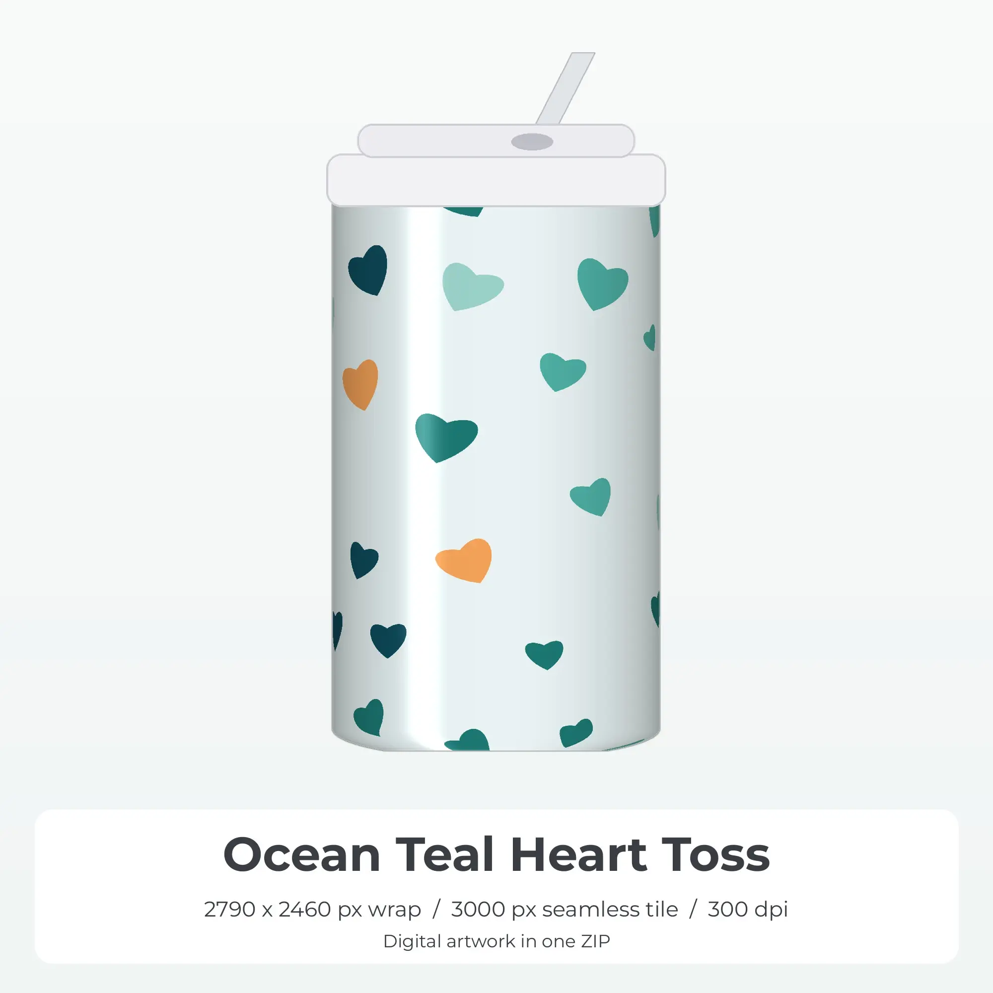 Ocean Teal Heart Toss Tumbler Wrap PNG, 20oz Sublimation preview