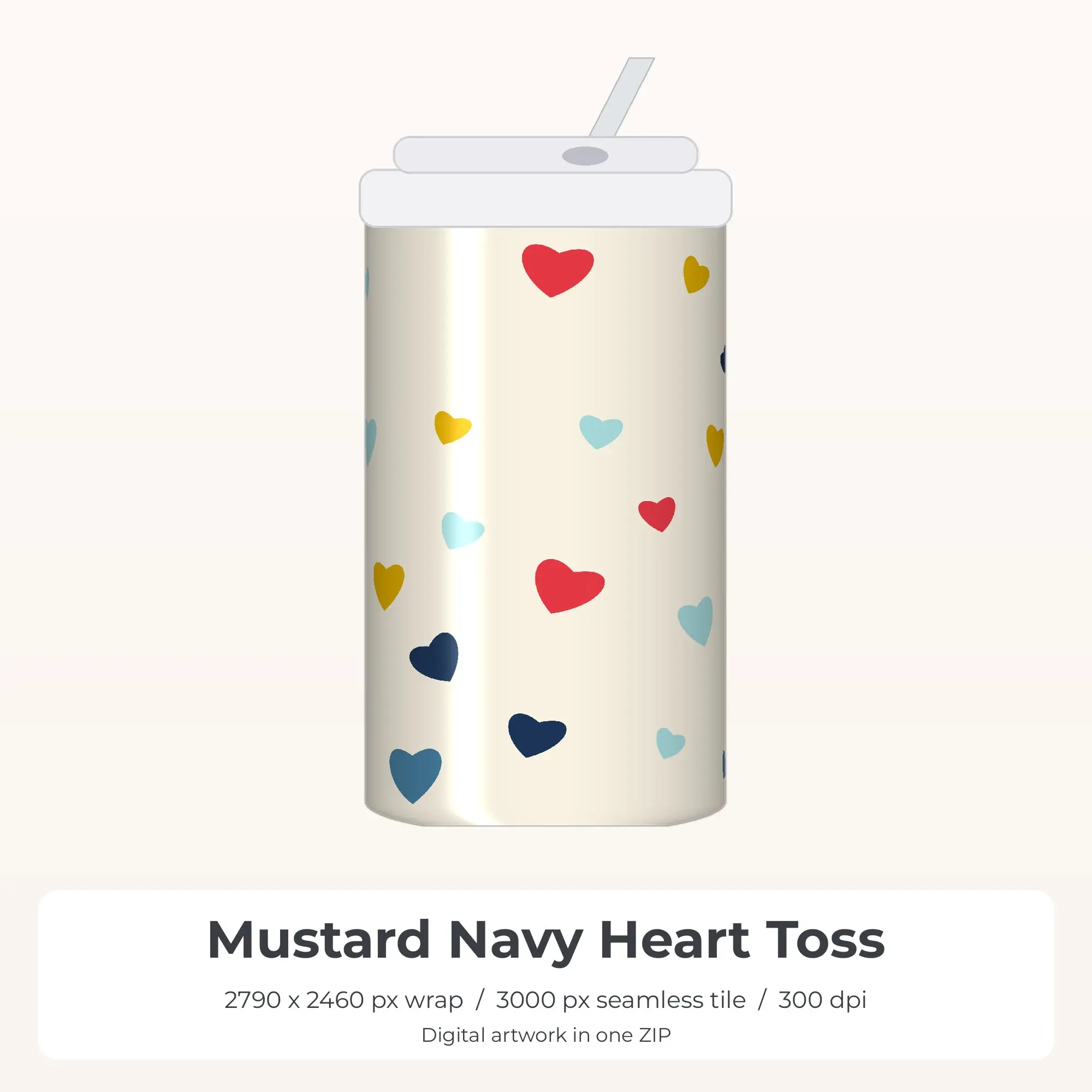 Mustard Navy Heart Toss Tumbler Wrap PNG, 20oz Sublimation preview