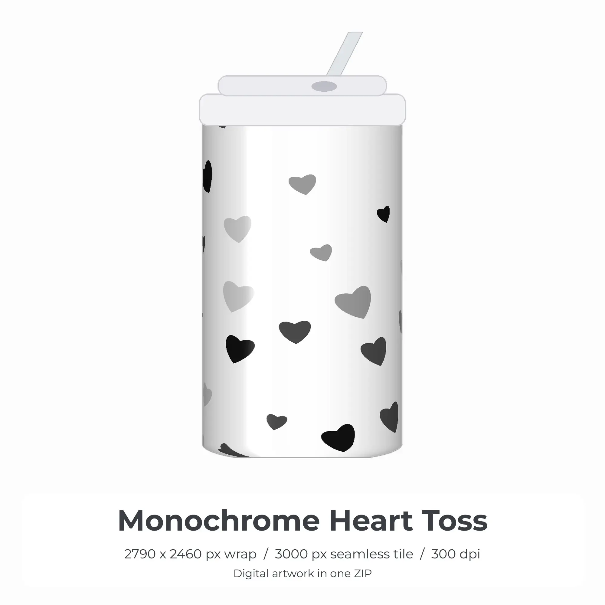Monochrome Heart Toss Tumbler Wrap PNG, 20oz Sublimation preview