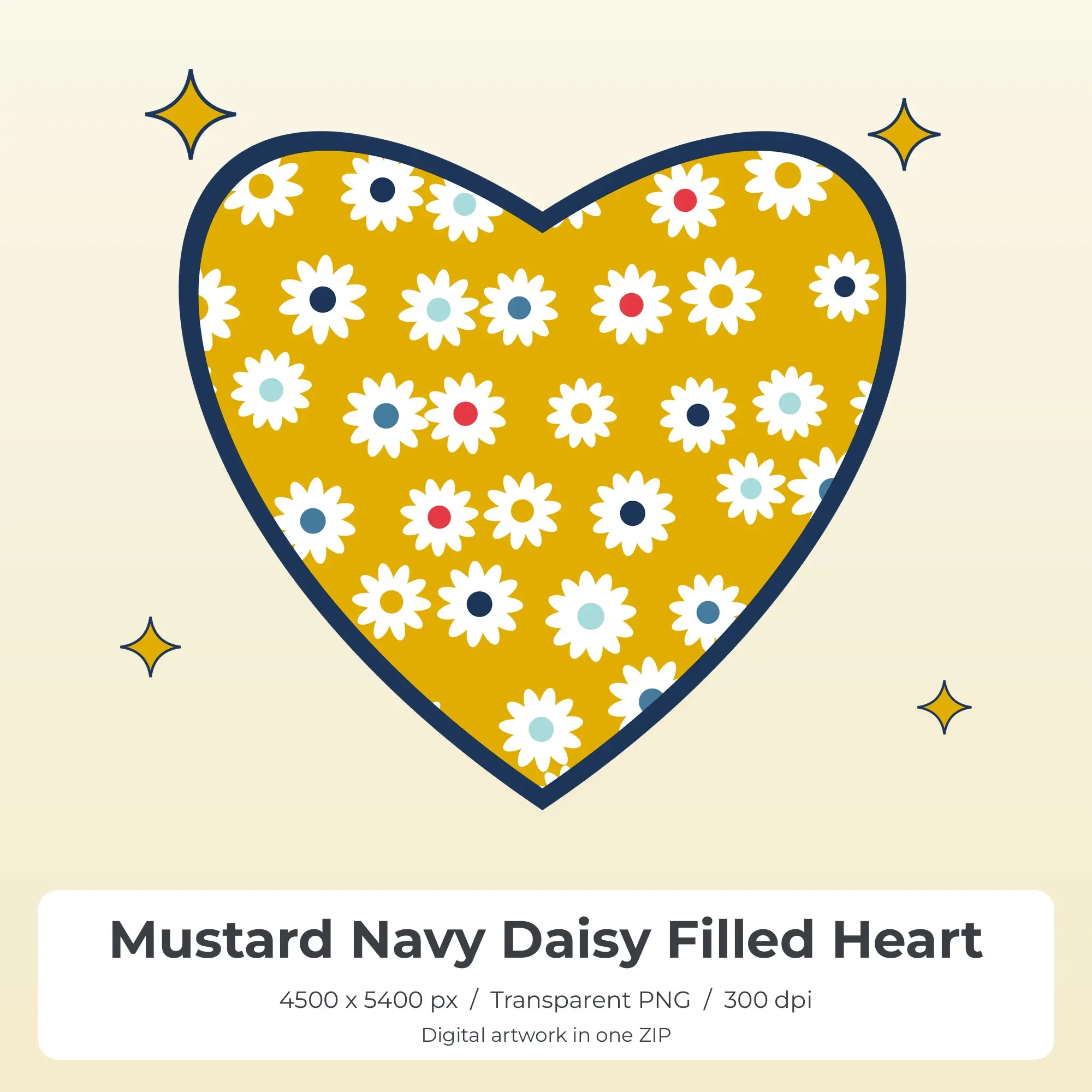 Mustard Navy Daisy Filled Heart Sublimation PNG for Shirts preview
