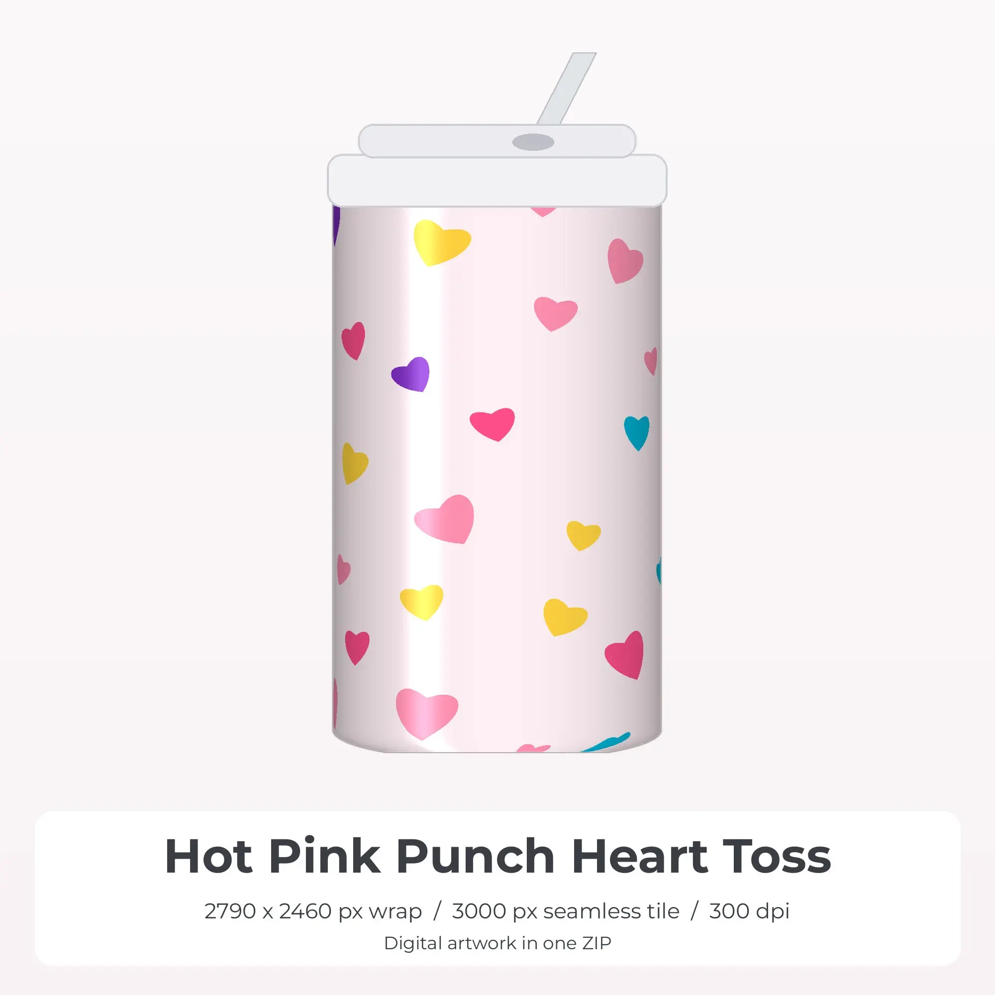 Hot Pink Punch Heart Toss Tumbler Wrap PNG, 20oz Sublimation preview