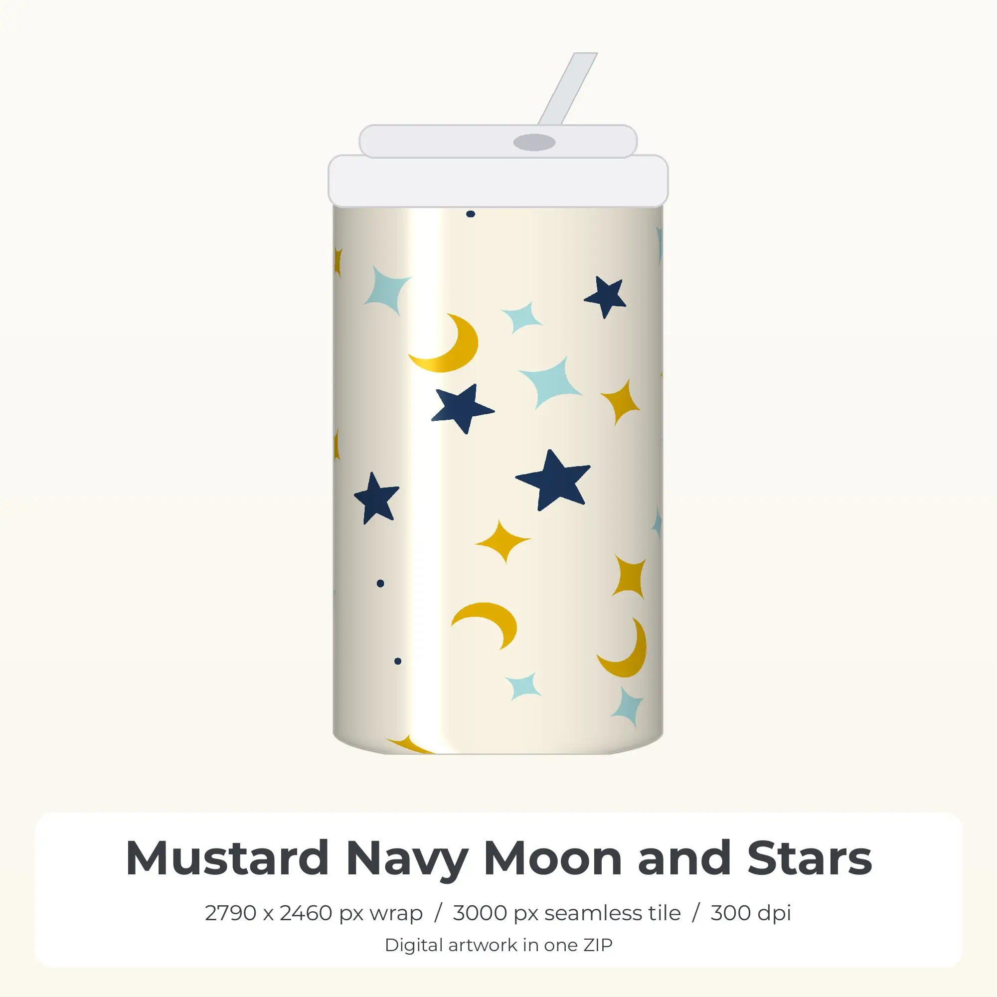 Mustard Navy Moon and Stars Tumbler Wrap PNG, 20oz Sublimation preview