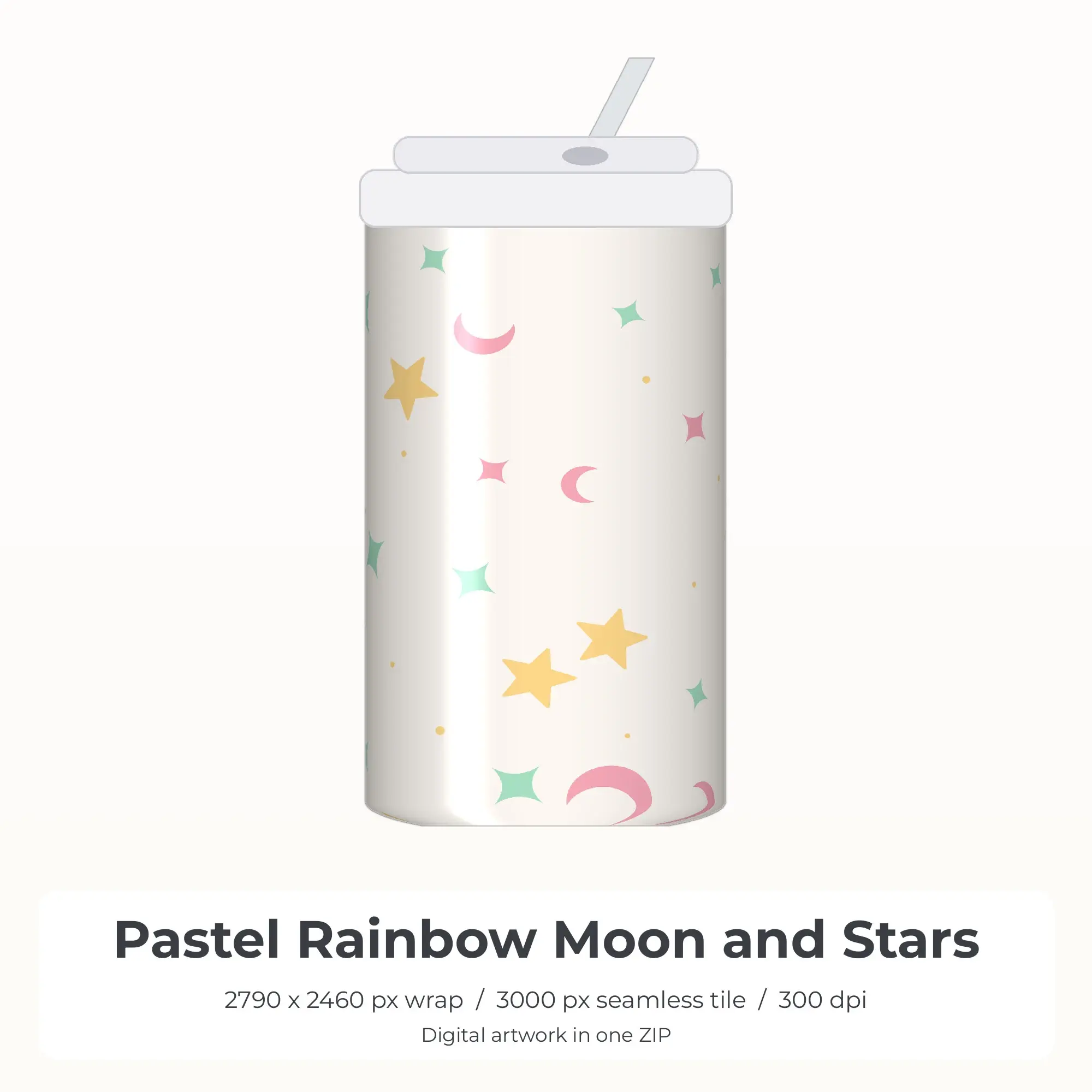Pastel Rainbow Moon and Stars Tumbler Wrap PNG, 20oz Sublimation preview