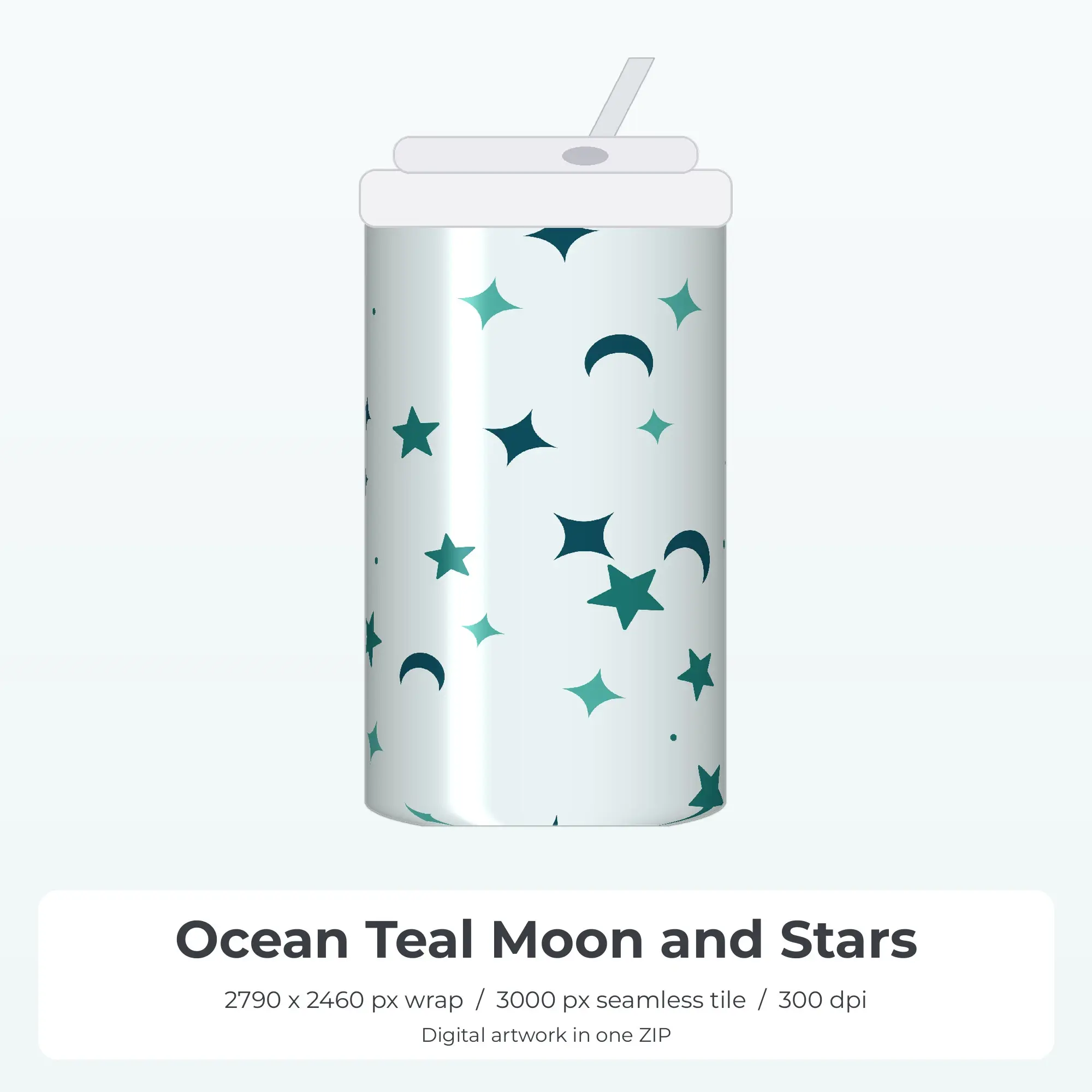 Ocean Teal Moon and Stars Tumbler Wrap PNG, 20oz Sublimation preview