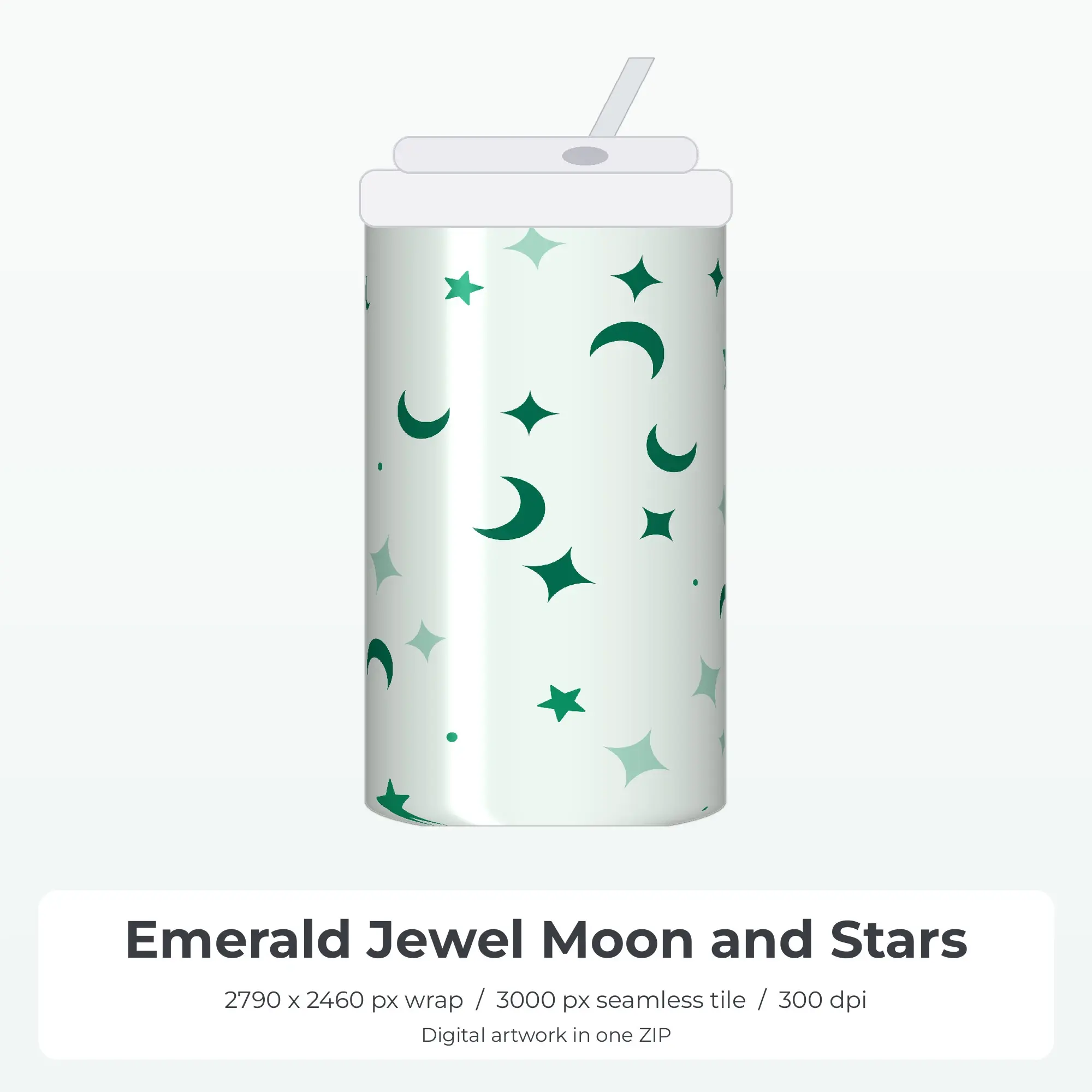 Emerald Jewel Moon and Stars Tumbler Wrap PNG, 20oz Sublimation preview