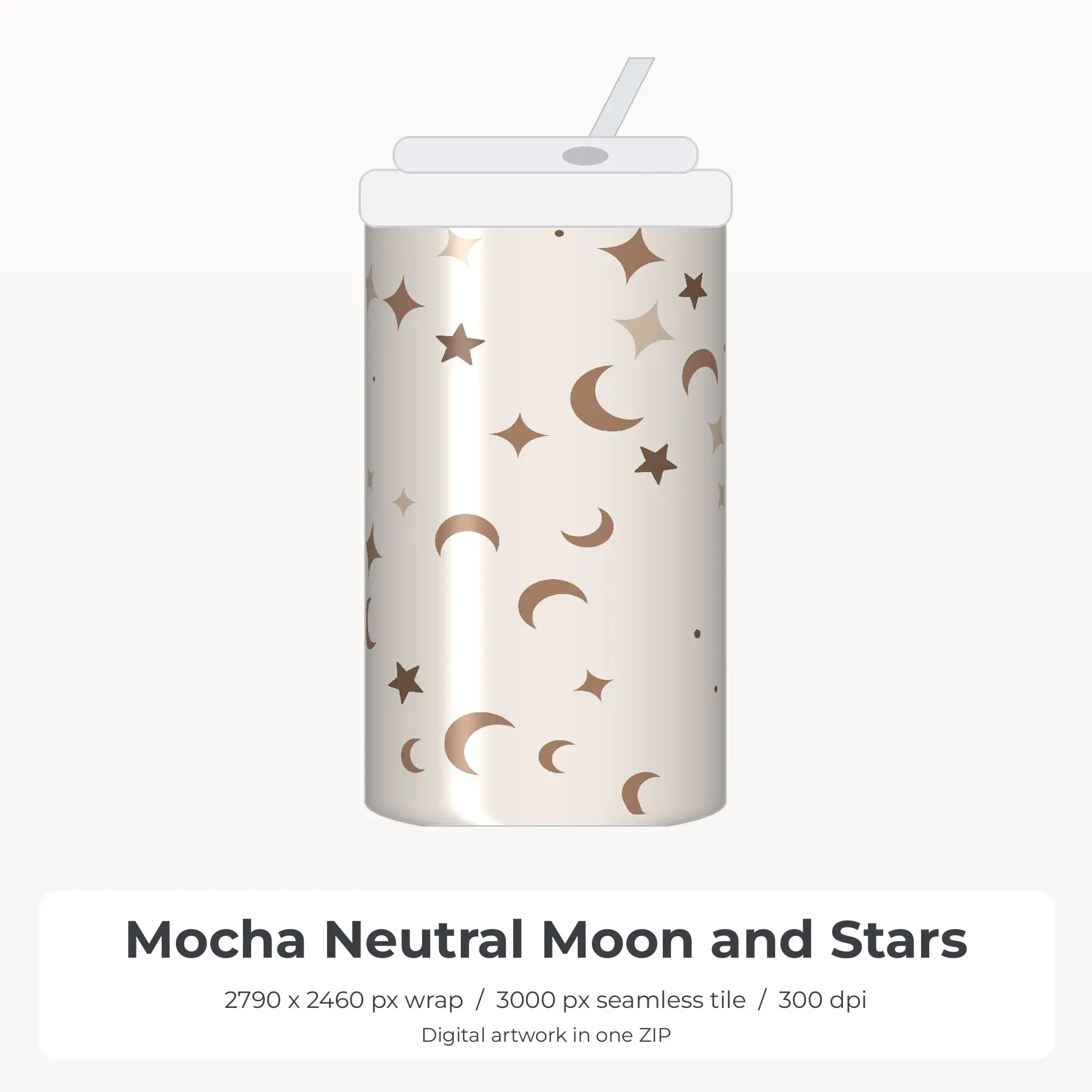 Mocha Neutral Moon and Stars Tumbler Wrap PNG, 20oz Sublimation preview