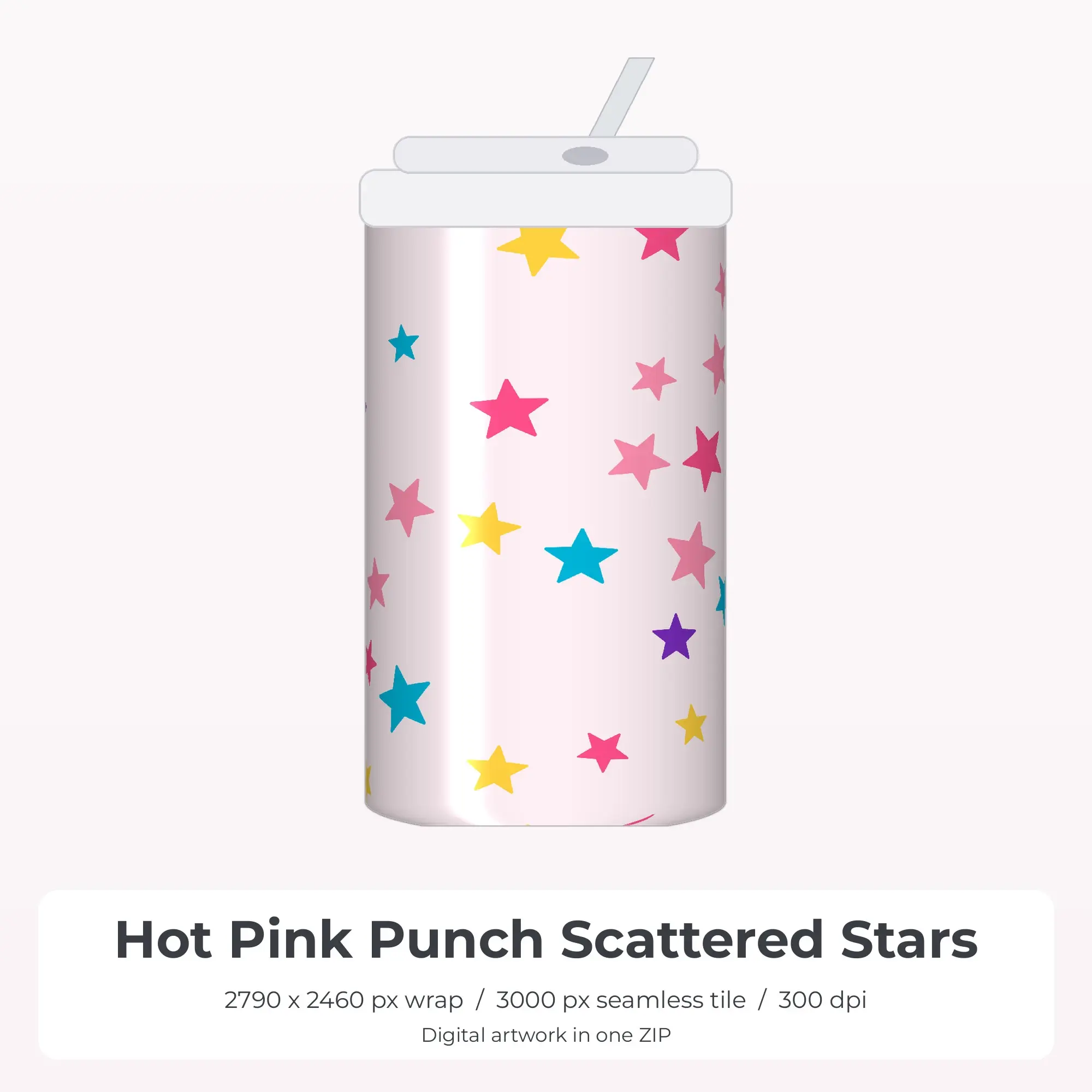 Hot Pink Punch Scattered Stars Tumbler Wrap PNG, 20oz Sublimation preview