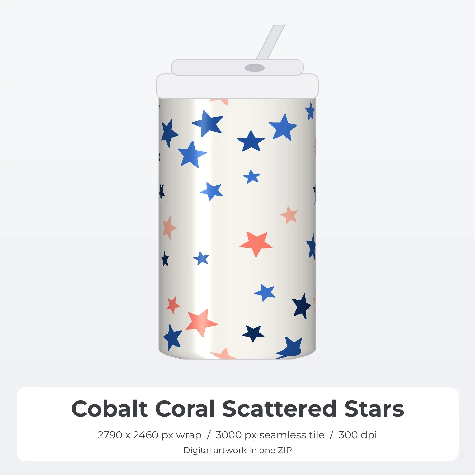 Cobalt Coral Scattered Stars Tumbler Wrap PNG, 20oz Sublimation preview