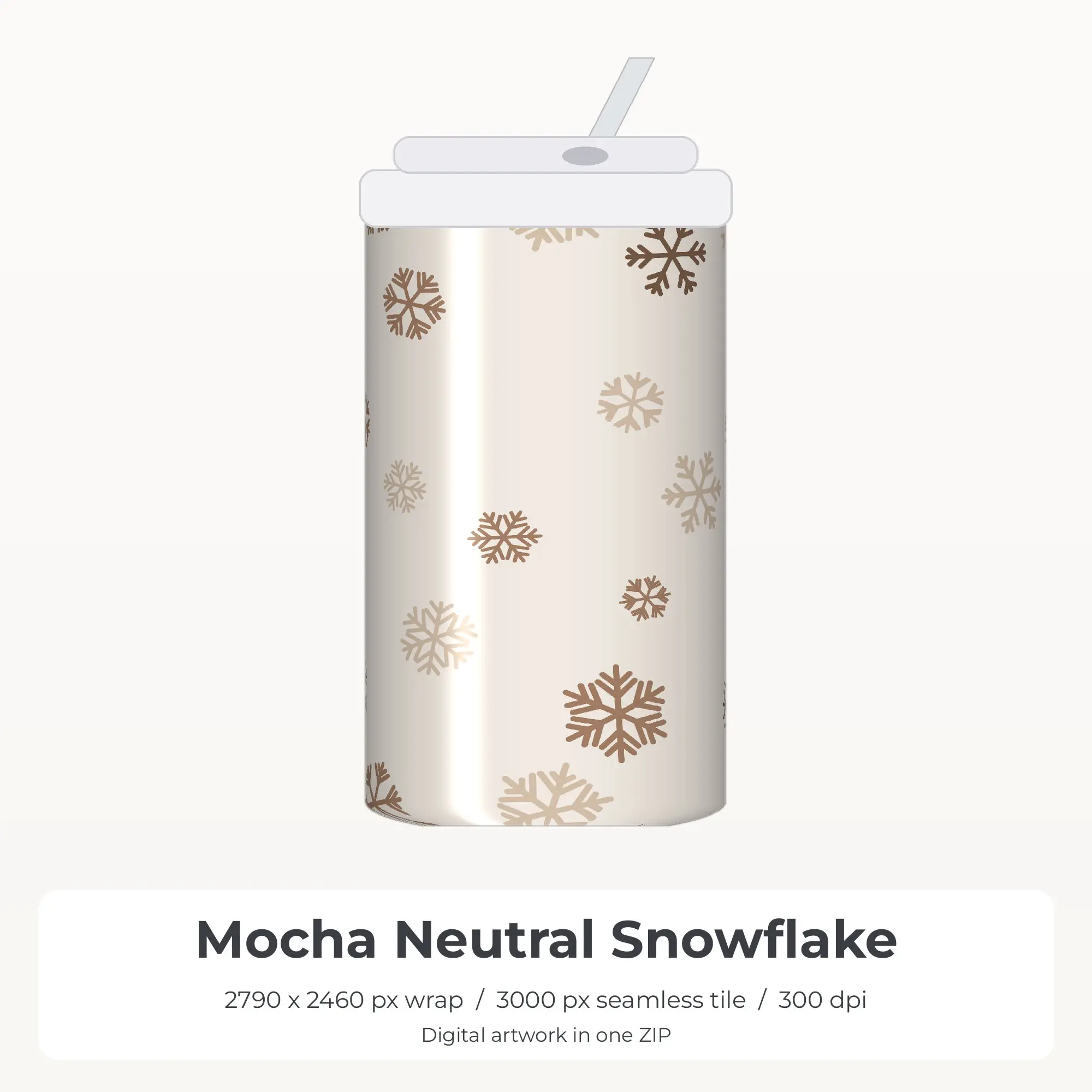 Mocha Neutral Snowflake Tumbler Wrap PNG, 20oz Sublimation preview