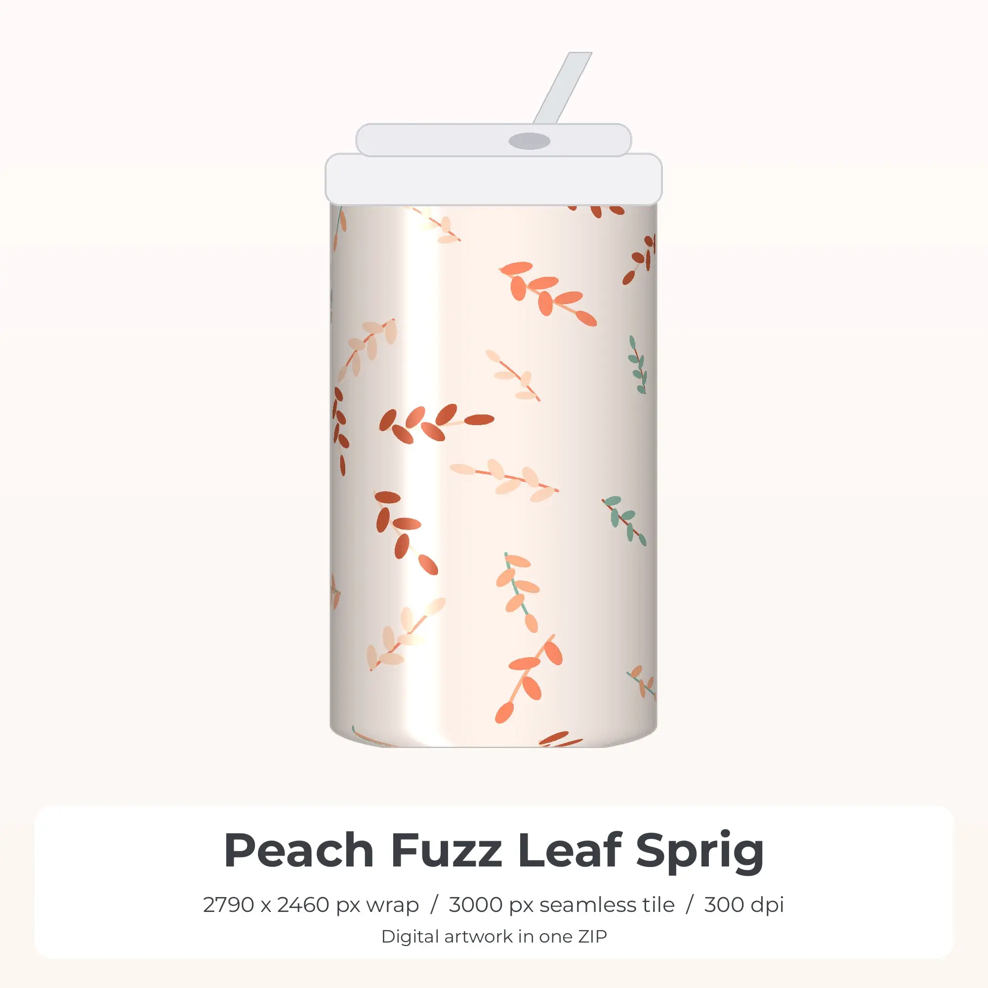 Peach Fuzz Leaf Sprig Tumbler Wrap PNG, 20oz Sublimation preview