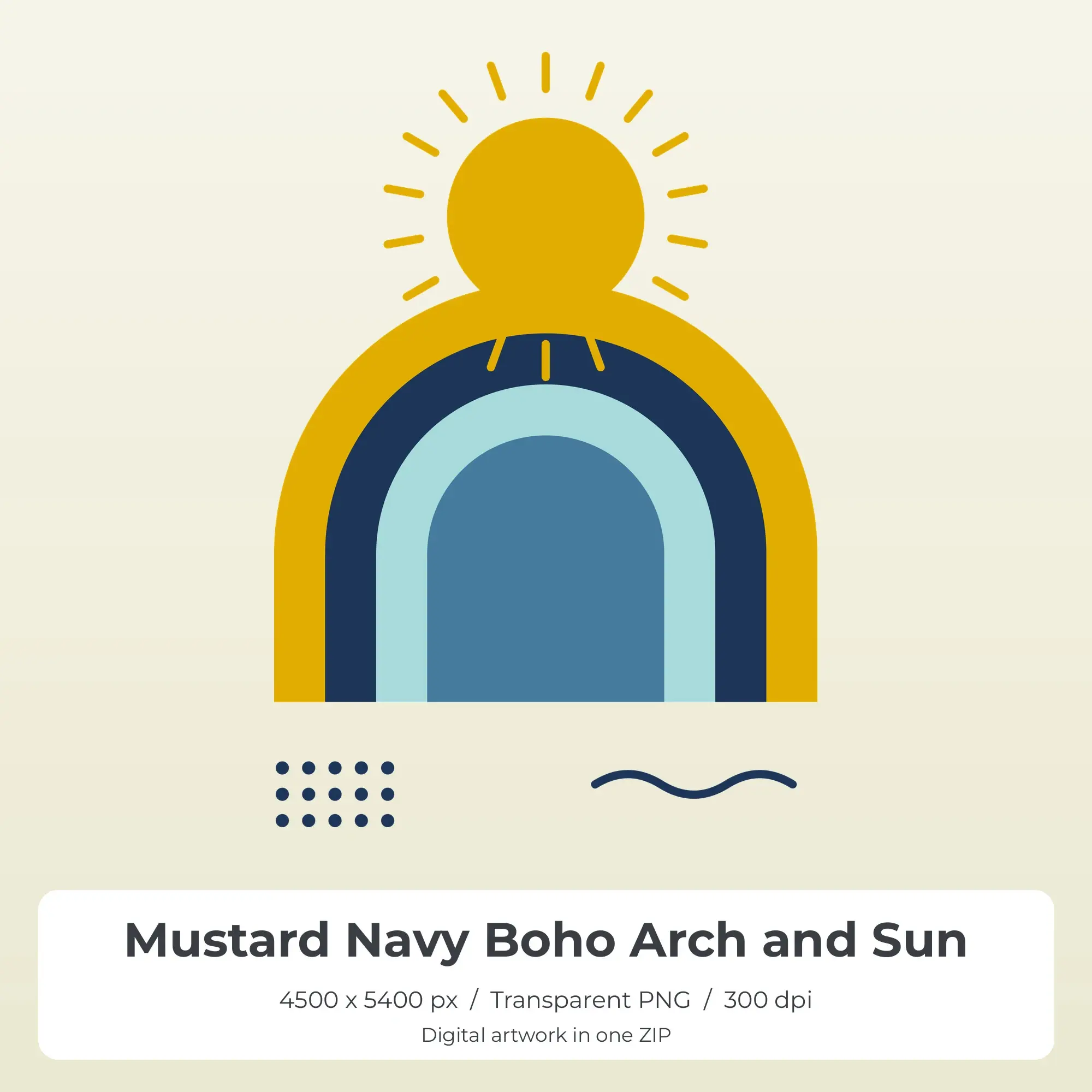 Mustard Navy Boho Arch and Sun Sublimation PNG for Shirts, preview 1 of 2
