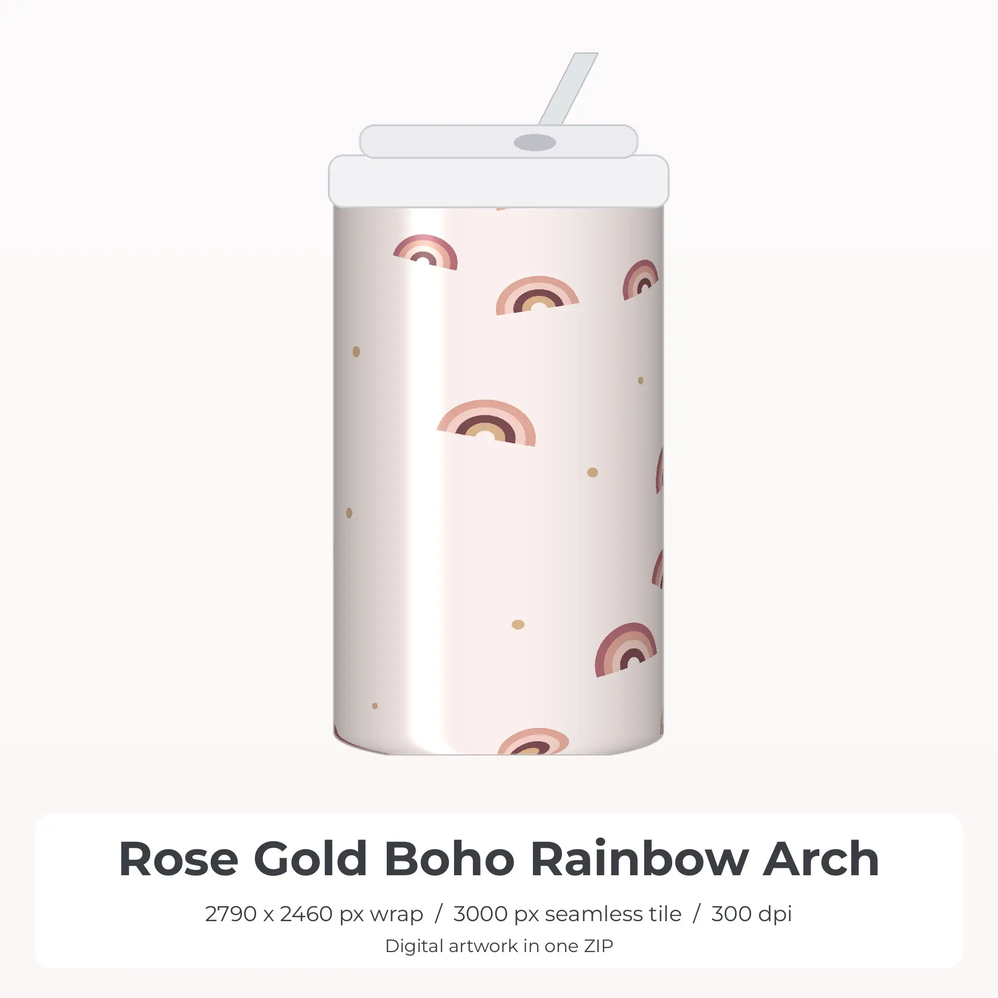Rose Gold Boho Rainbow Arch Tumbler Wrap PNG, 20oz Sublimation, preview 1 of 2