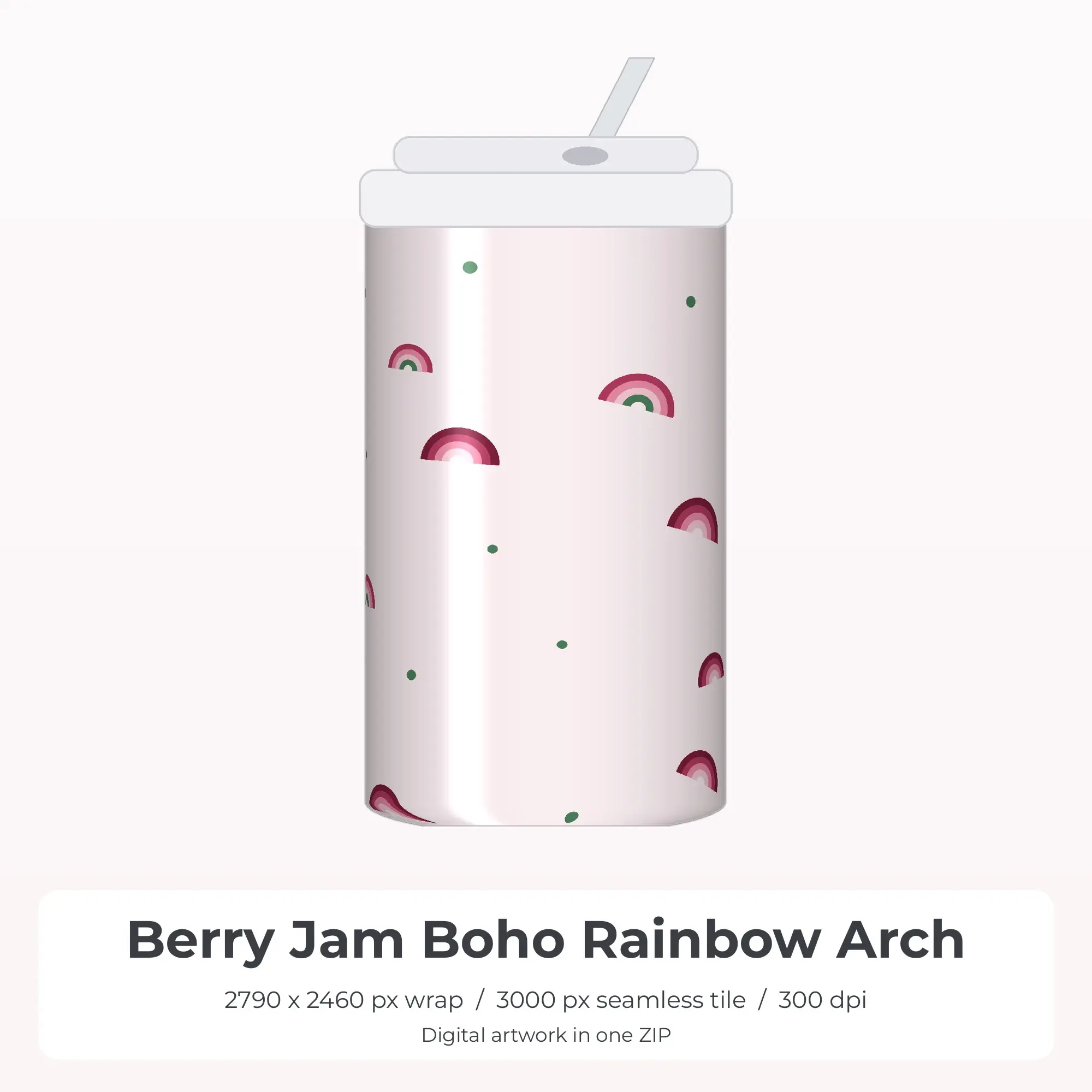 Berry Jam Boho Rainbow Arch Tumbler Wrap PNG, 20oz Sublimation, preview 1 of 2