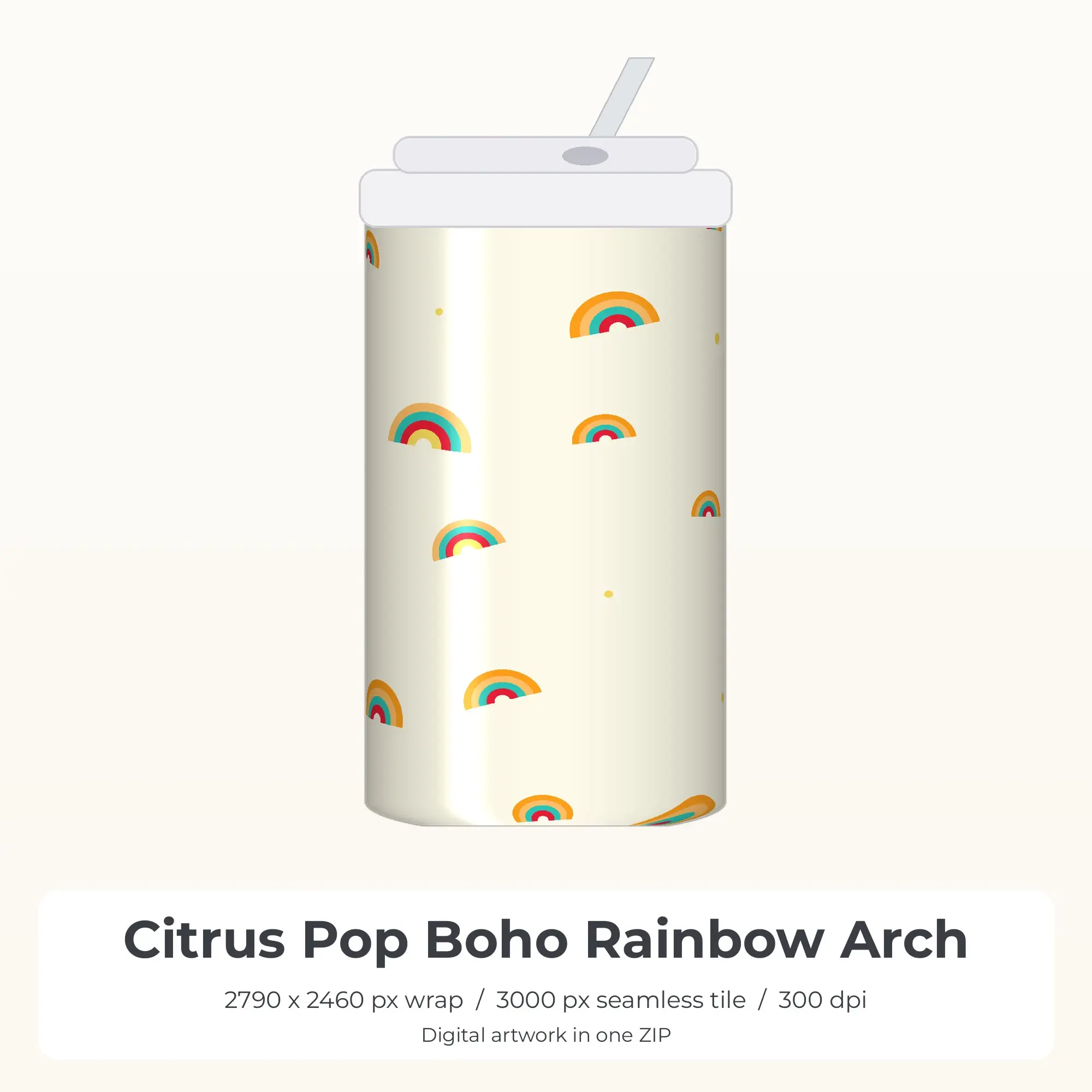 Citrus Pop Boho Rainbow Arch Tumbler Wrap PNG, 20oz Sublimation, preview 1 of 2