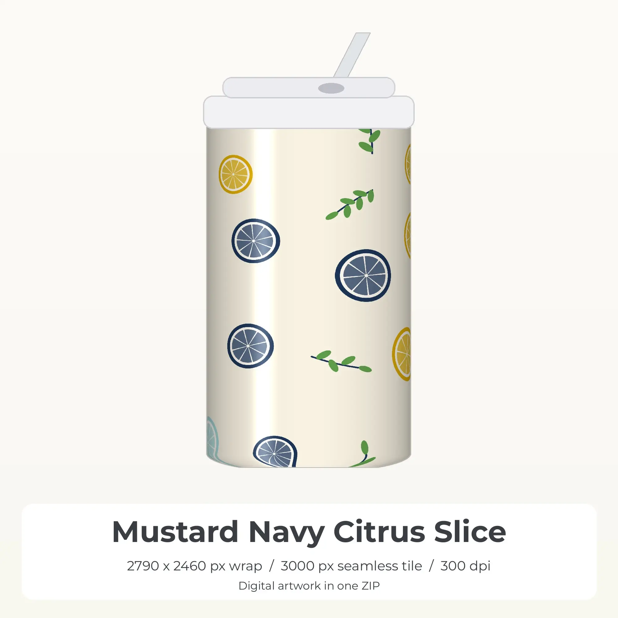 Mustard Navy Citrus Slice Tumbler Wrap PNG, 20oz Sublimation preview