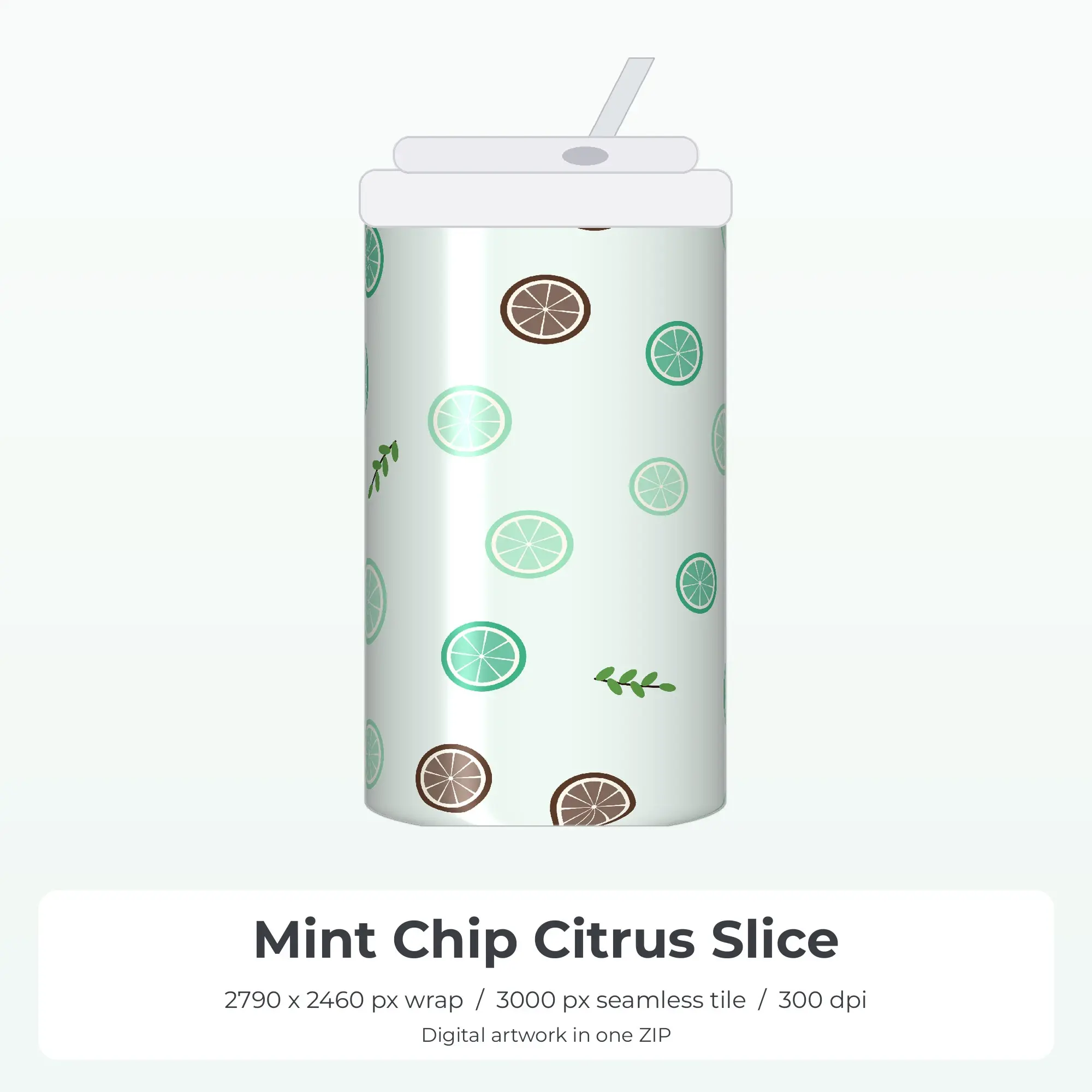 Mint Chip Citrus Slice Tumbler Wrap PNG, 20oz Sublimation preview