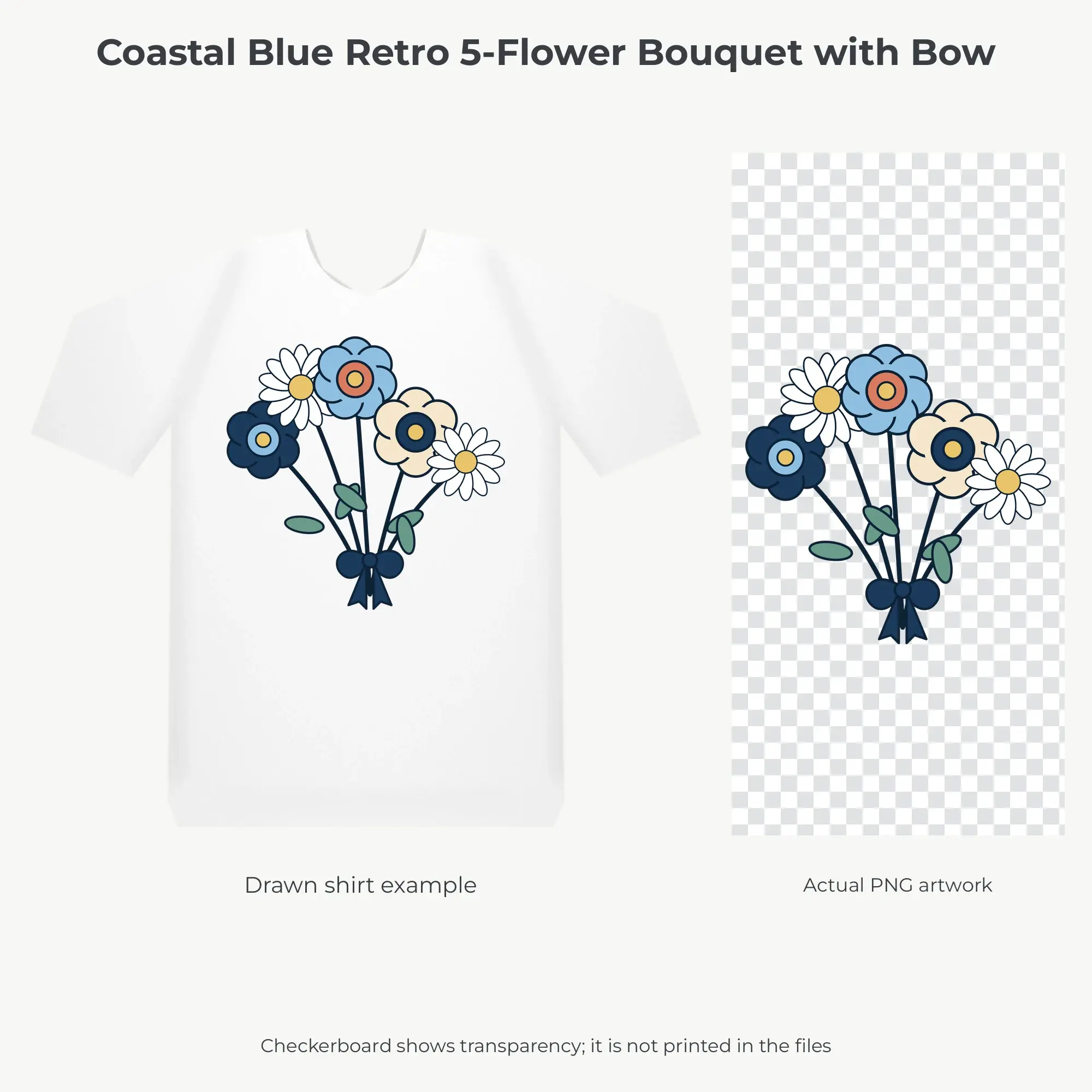 Coastal Blue Retro 5-Flower Bouquet with Bow T-Shirt Sublimation PNG, preview 2 of 2