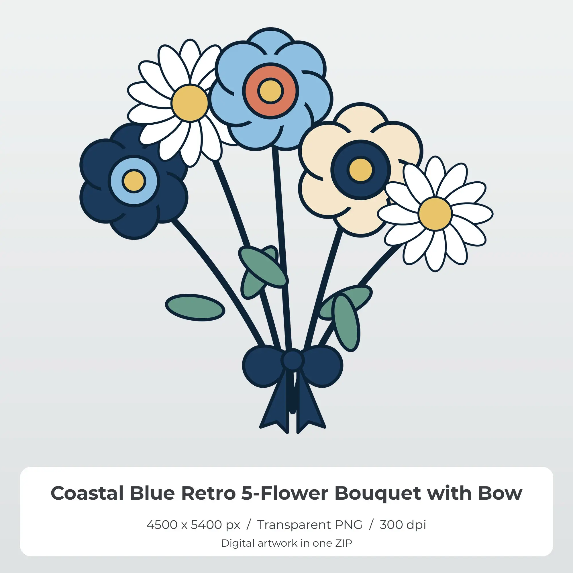 Coastal Blue Retro 5-Flower Bouquet with Bow T-Shirt Sublimation PNG preview