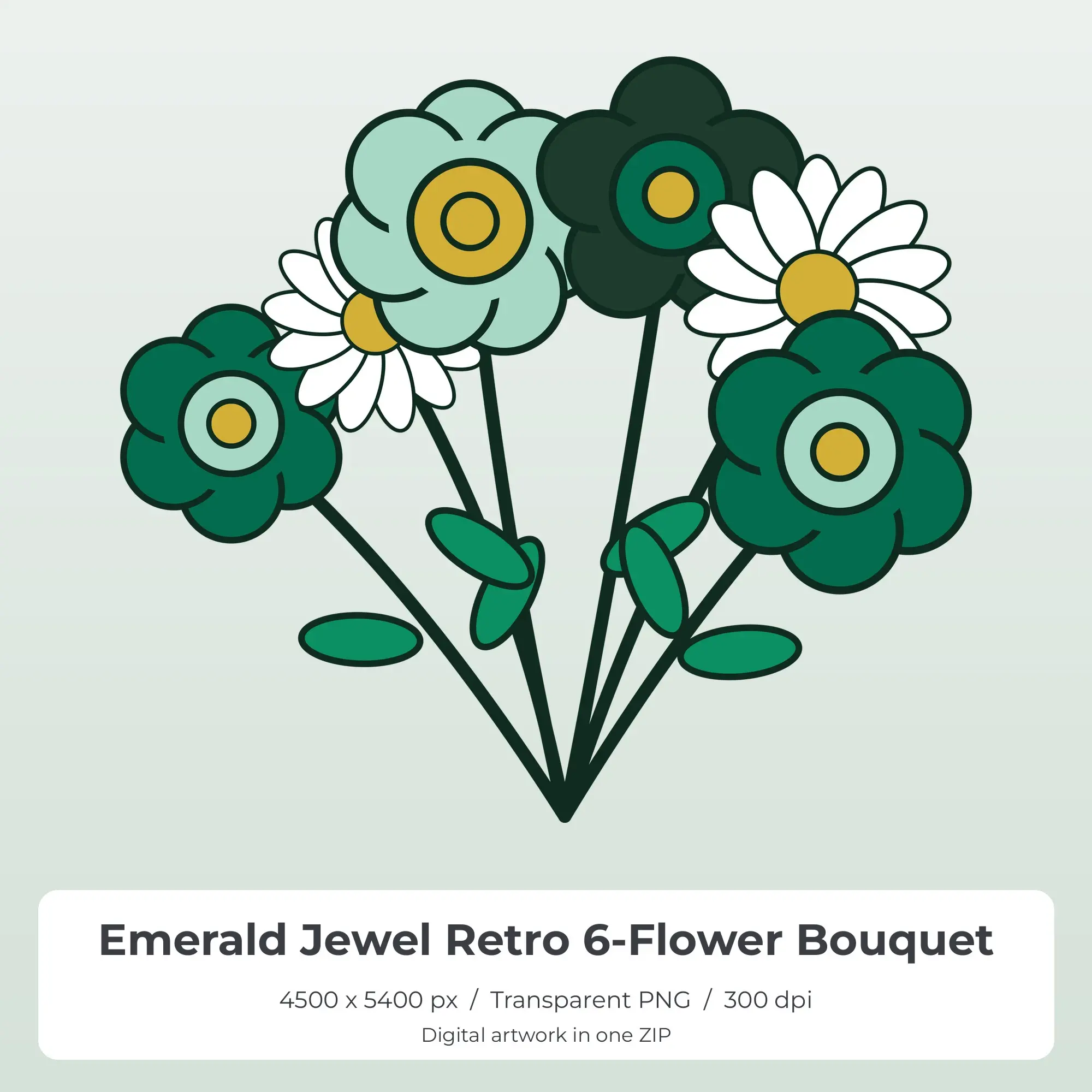 Emerald Jewel Retro 6-Flower Bouquet Sublimation PNG for Shirts preview