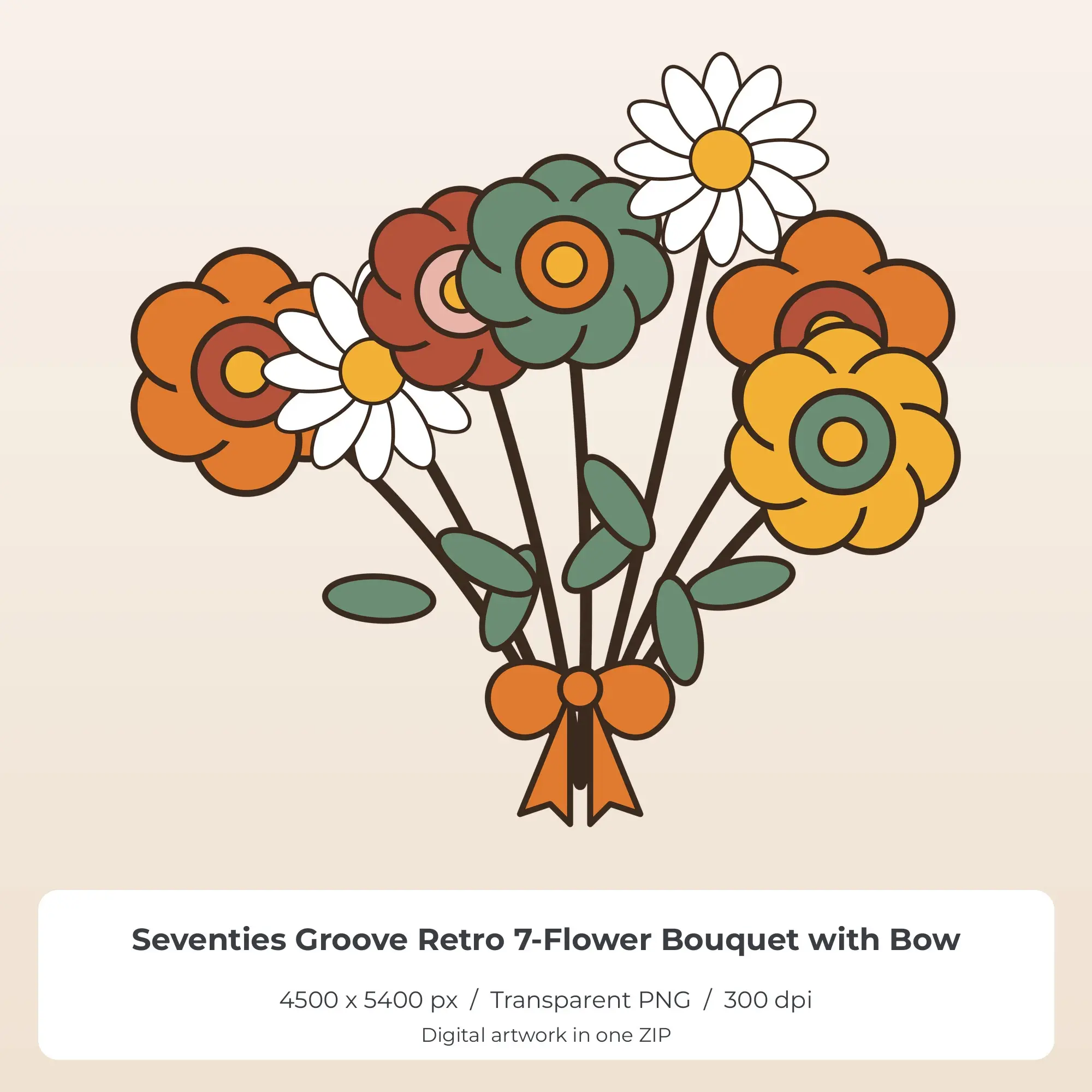 Seventies Groove Retro 7-Flower Bouquet with Bow Sublimation PNG preview