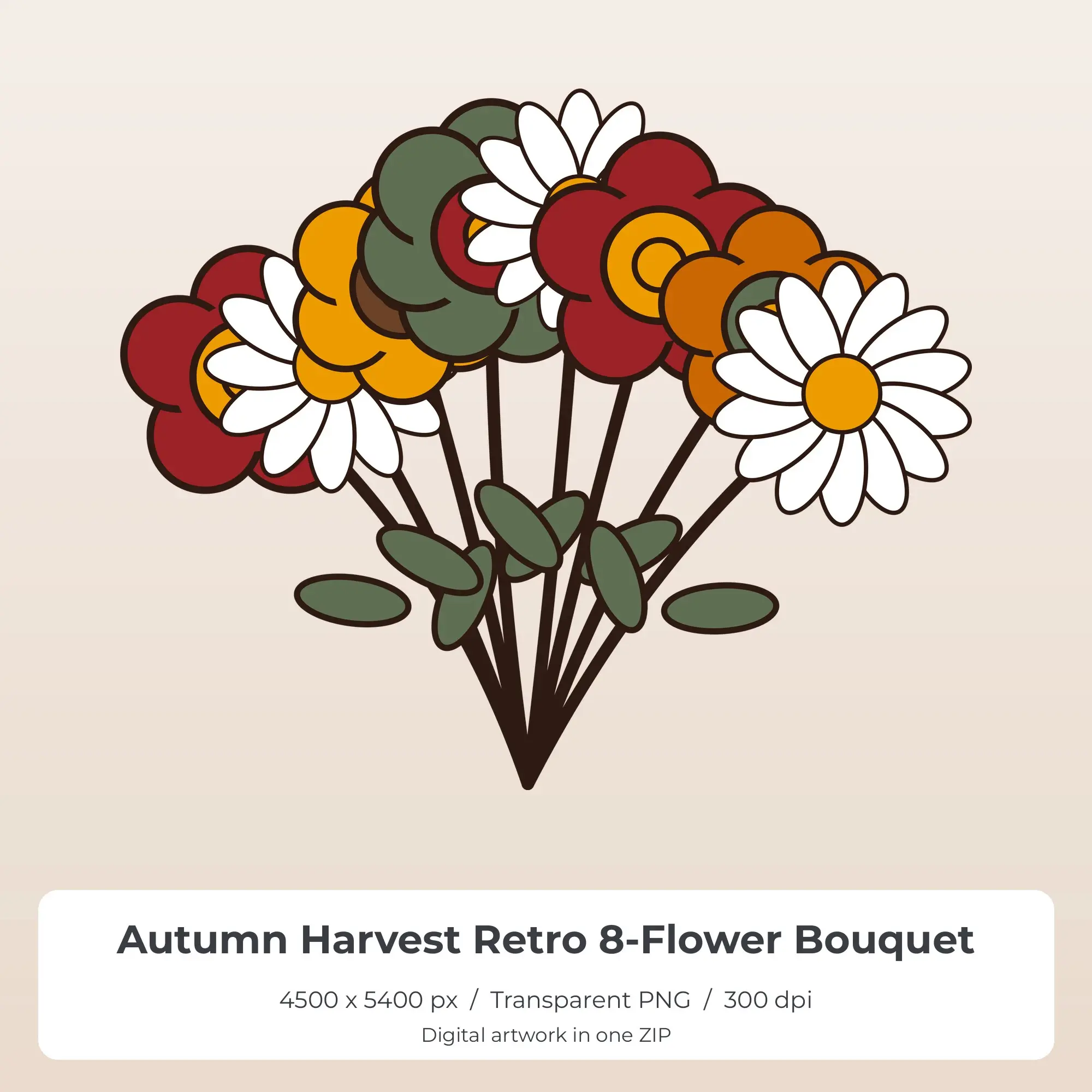 Autumn Harvest Retro 8-Flower Bouquet Sublimation PNG for Shirts, preview 1 of 2
