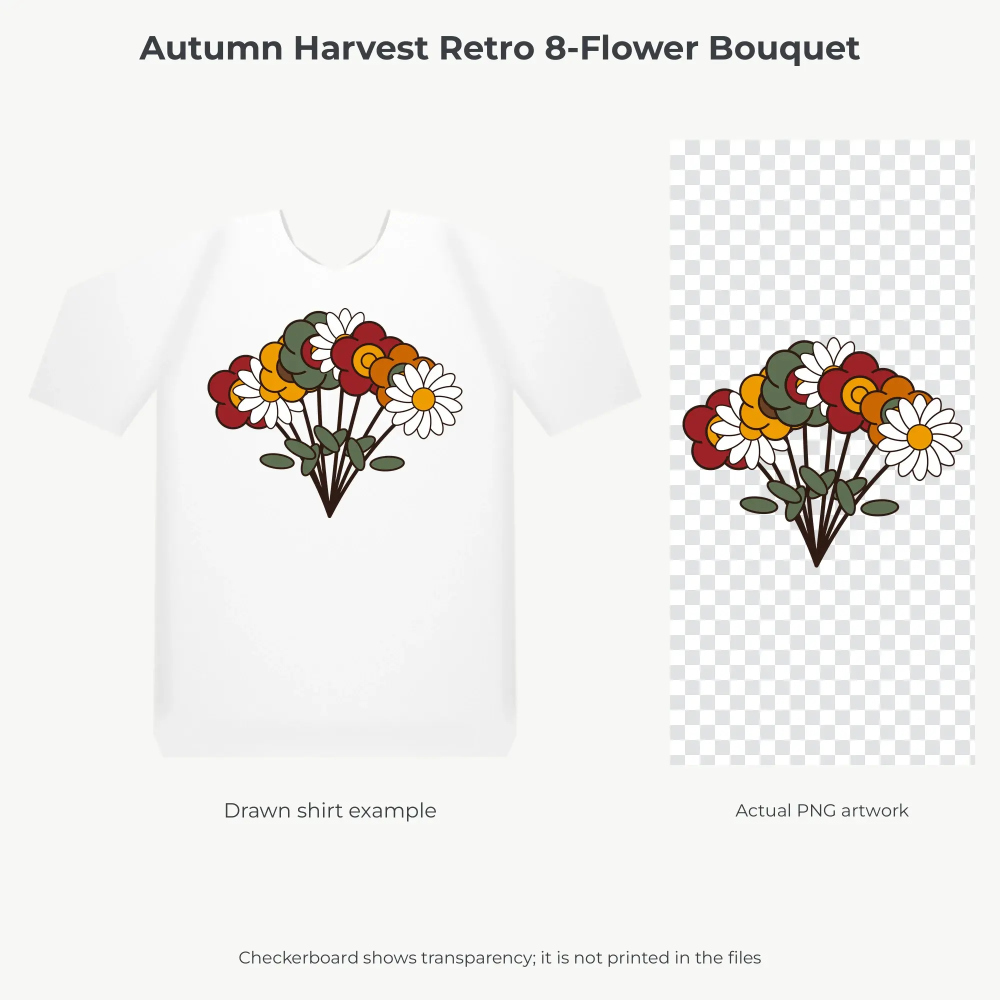 Autumn Harvest Retro 8-Flower Bouquet Sublimation PNG for Shirts, preview 2 of 2