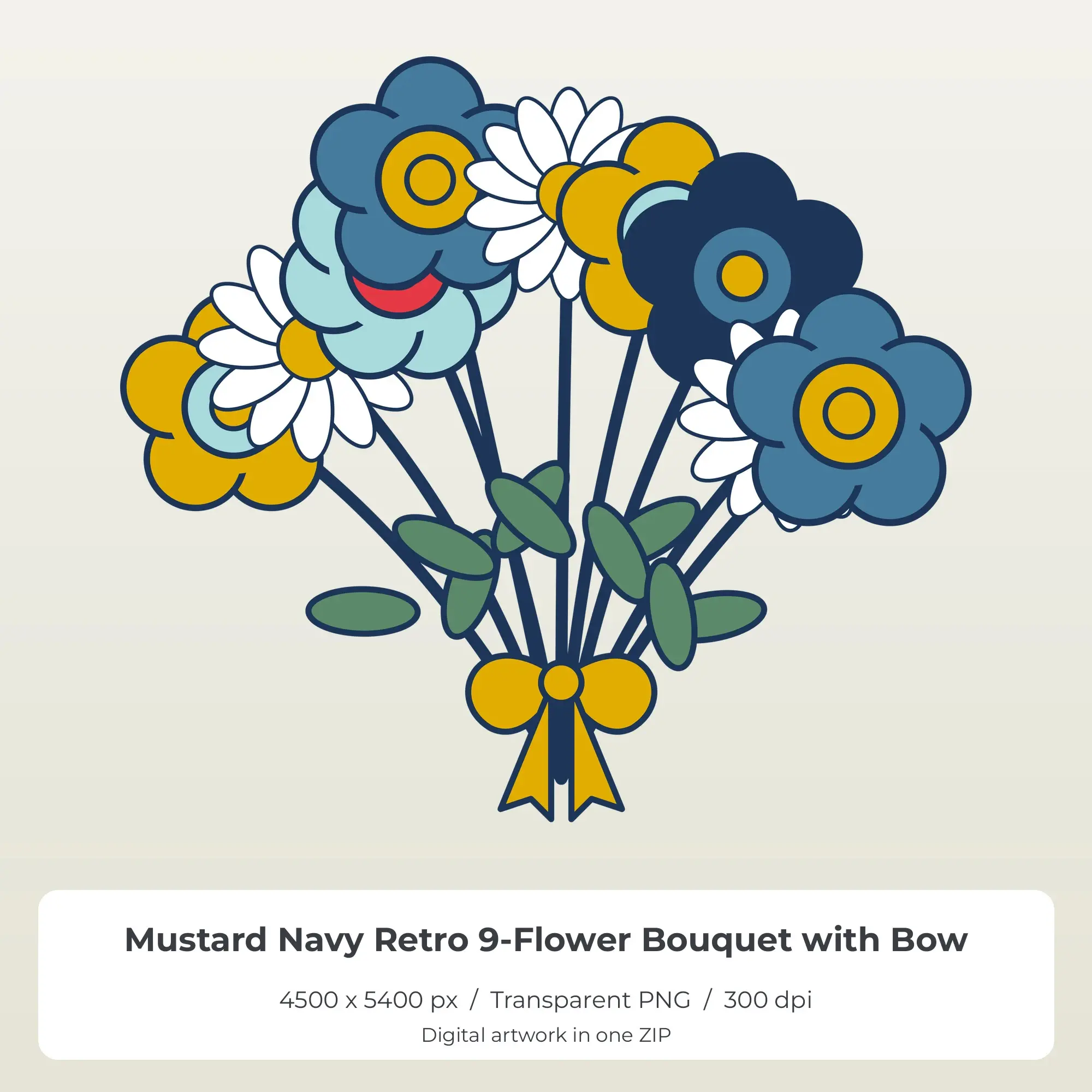 Mustard Navy Retro 9-Flower Bouquet with Bow T-Shirt Sublimation PNG preview