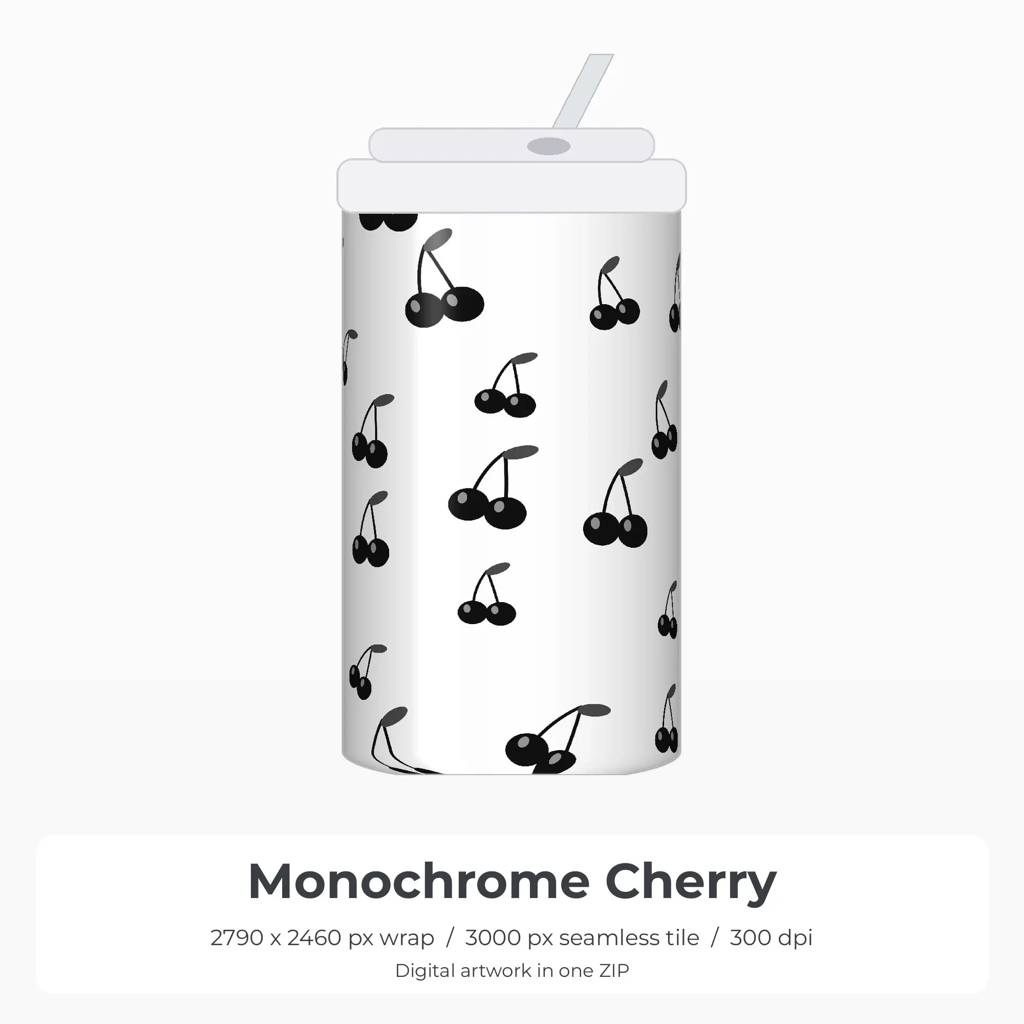 Monochrome Cherry Tumbler Wrap PNG, 20oz Sublimation preview